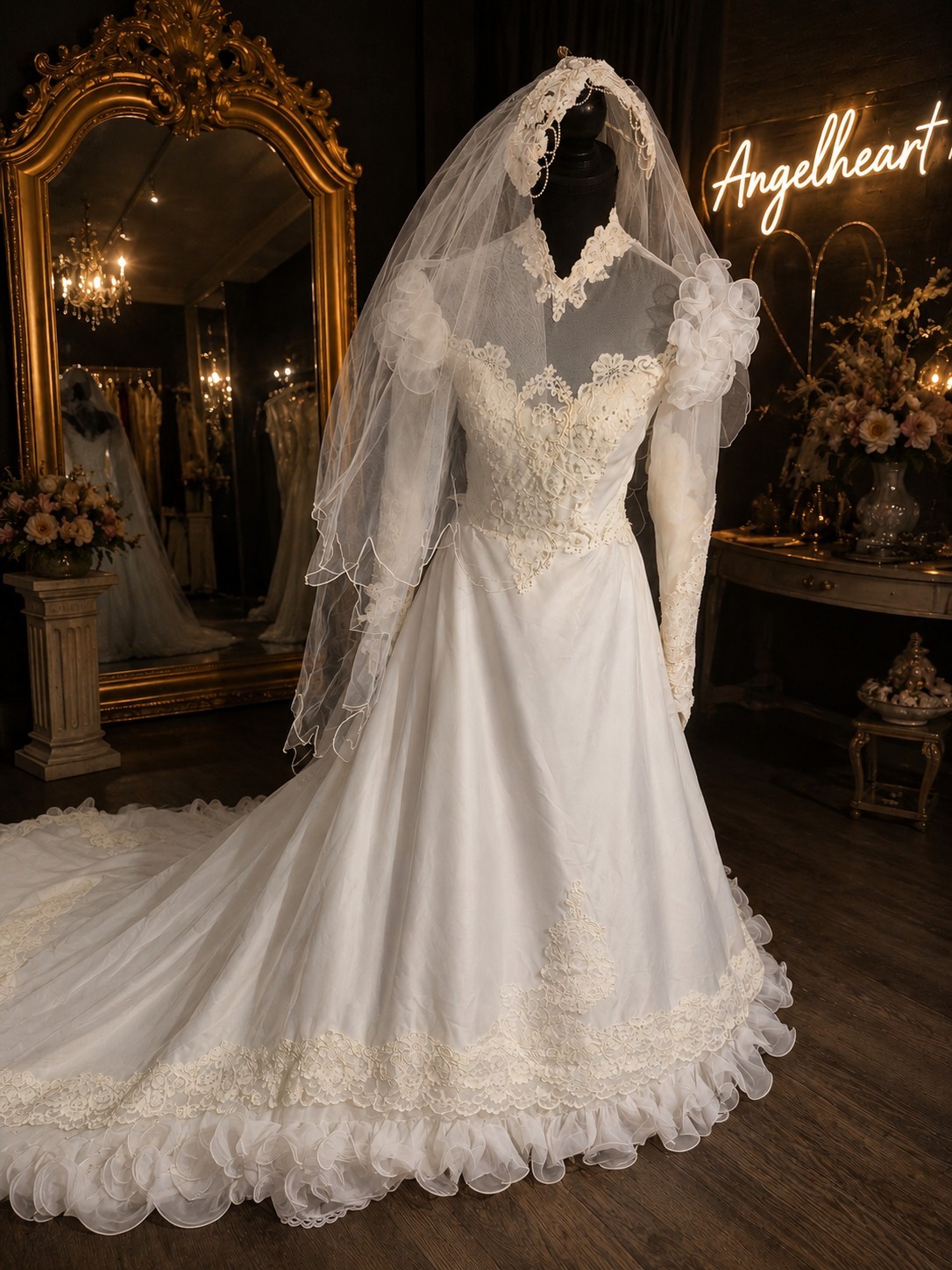 EMMA Vintage 90s Wedding Dress Original Veil Lace Cathedral Train Heirloom…