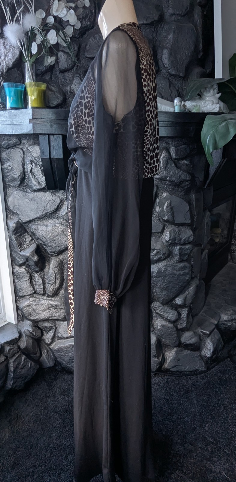 Vtg 70s Juniors Black and Animal Print Jumpsuit Bolero w/ Sheer Sleeves Sz 13/14