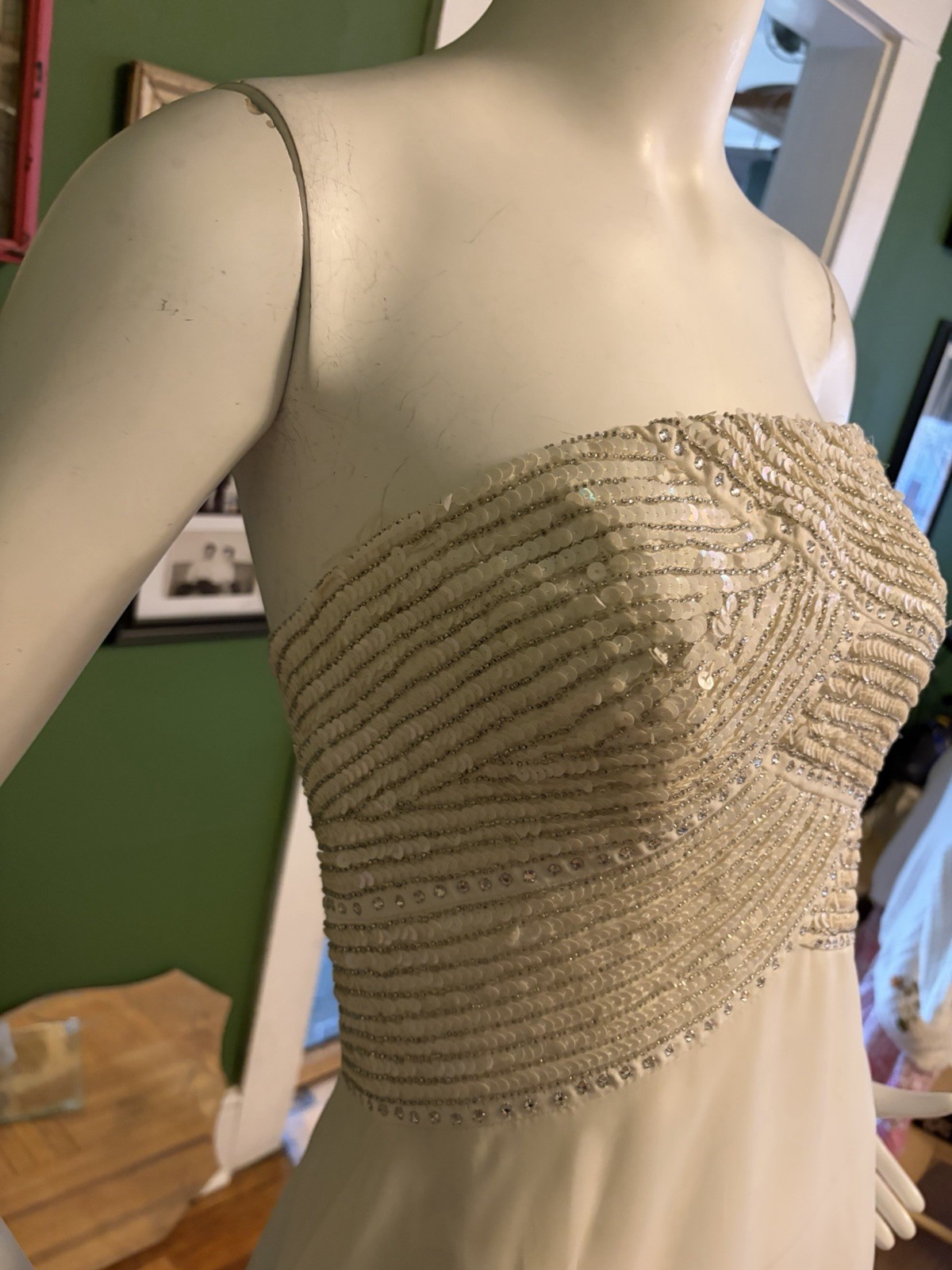 Vtg Mike Benet Formals- White Chiffon grecian Dress Gown Sequins 38 Strapless M