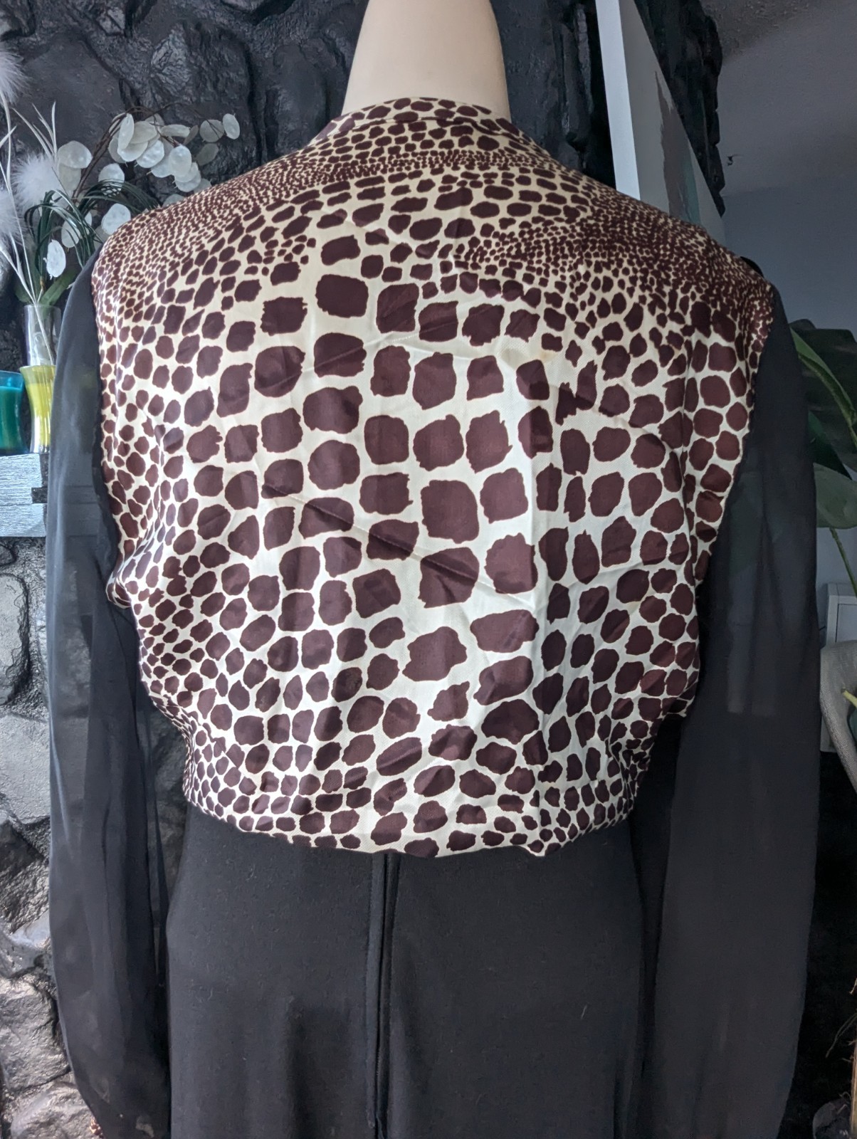 Vtg 70s Juniors Black and Animal Print Jumpsuit Bolero w/ Sheer Sleeves Sz 13/14