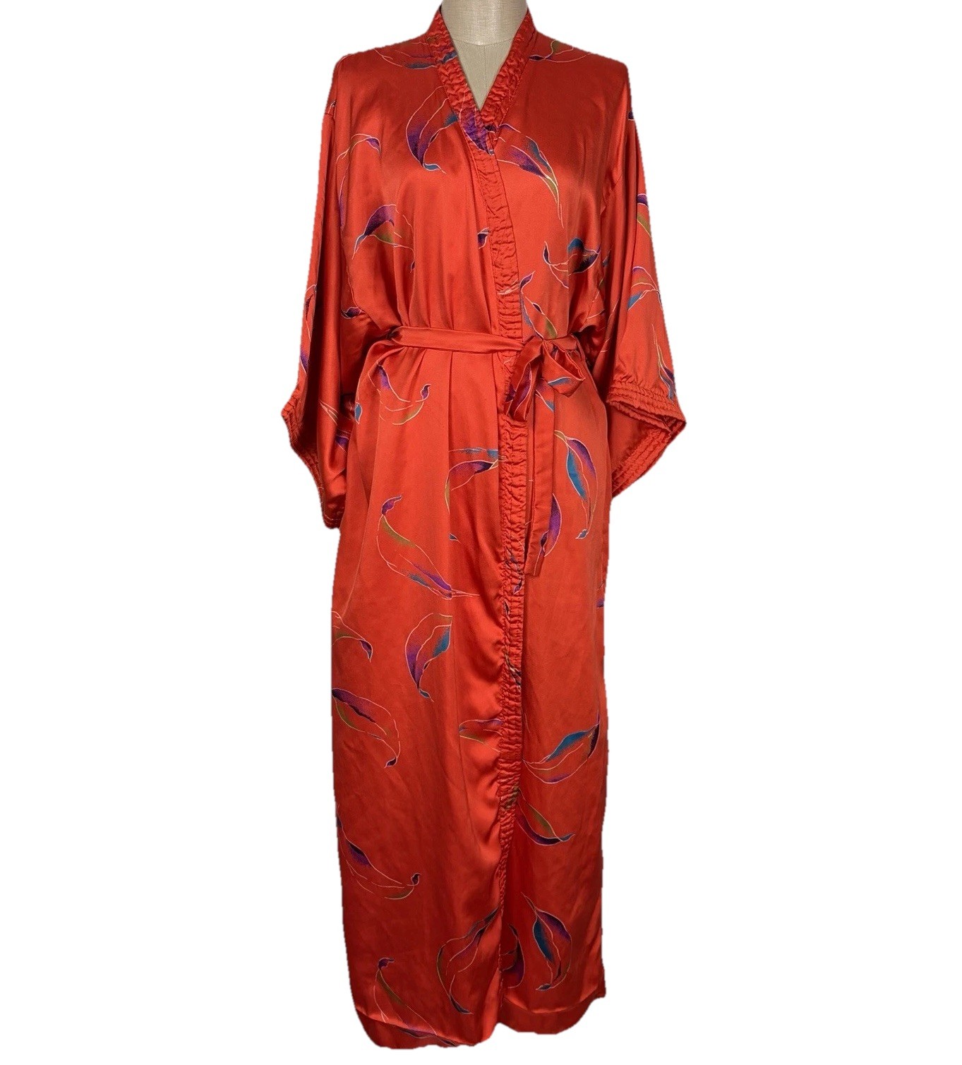 Vintage California Dynasty Style Kimono Robe Belt Red Botanical Satin Size Large