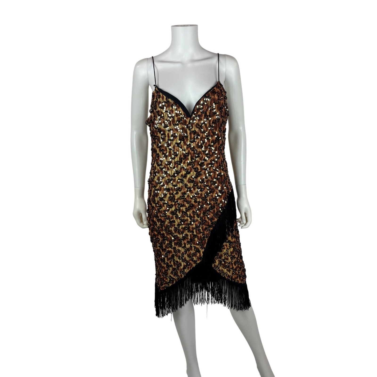 Vintage 90s Flapper Dress Womens Medium Leopard Style Print Sequin Party Fringe