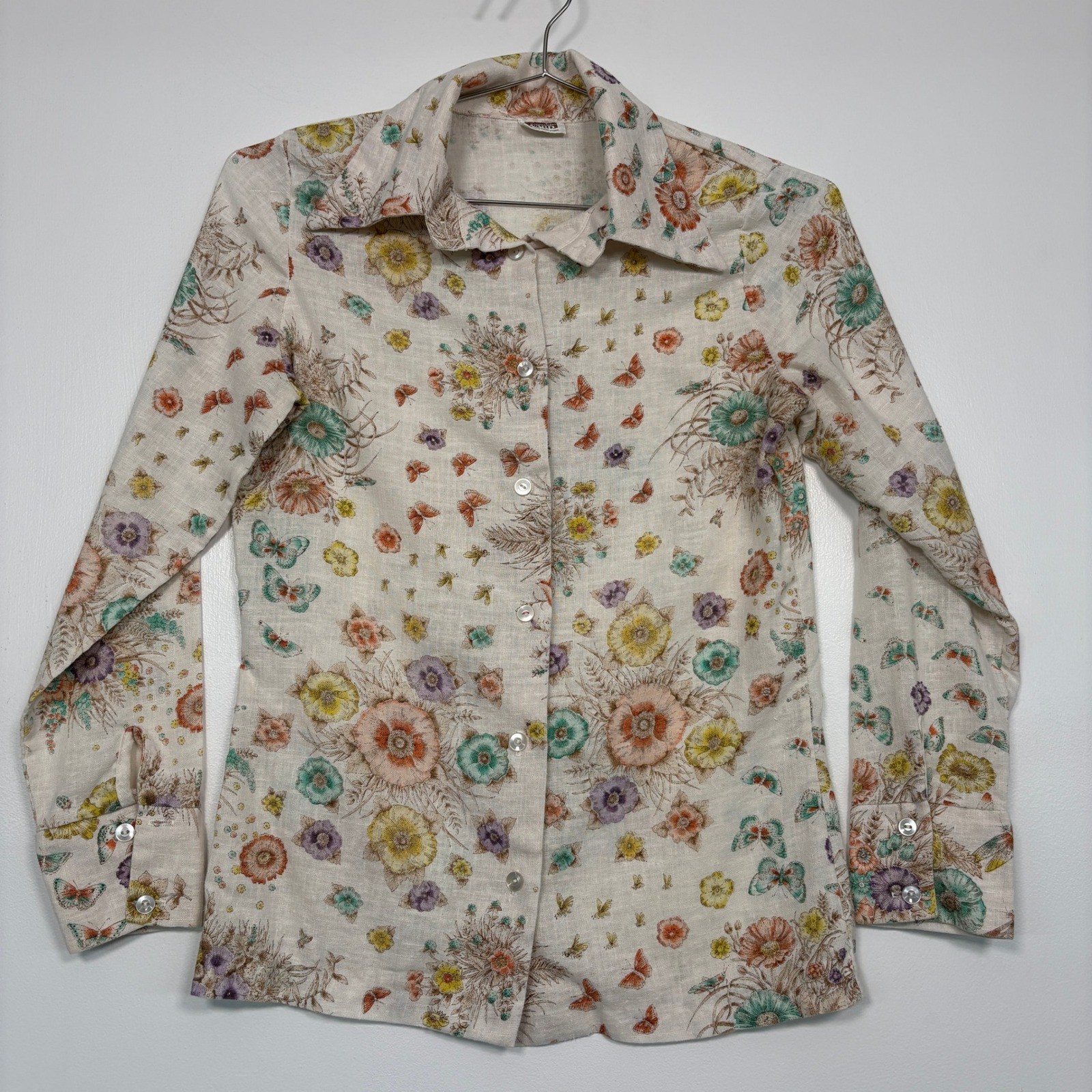 Montgomery Ward Women Blouse Medium Cream Floral Butterfly Vintage Long Sleeve