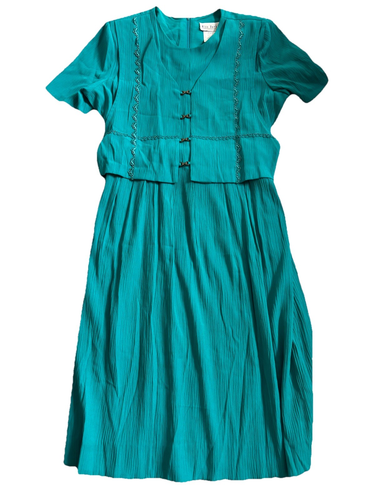 VTG 90s Miss Dorby Teal Dress 16 Career Midi Crinkle Rayon Faux Vest Cottagecore