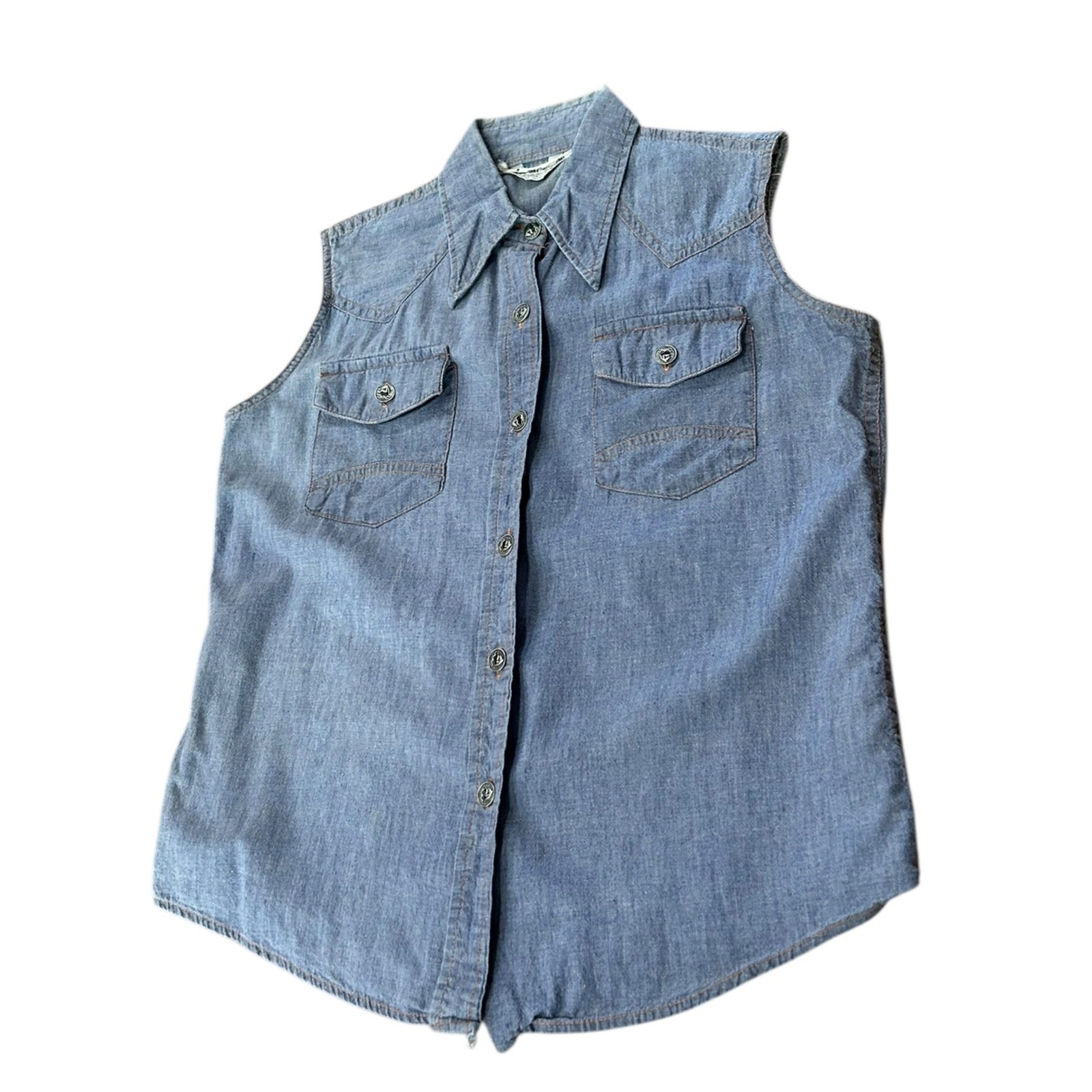 Vintage Chambray Denim Sleeveless Button Front Shirt Western Medium ^