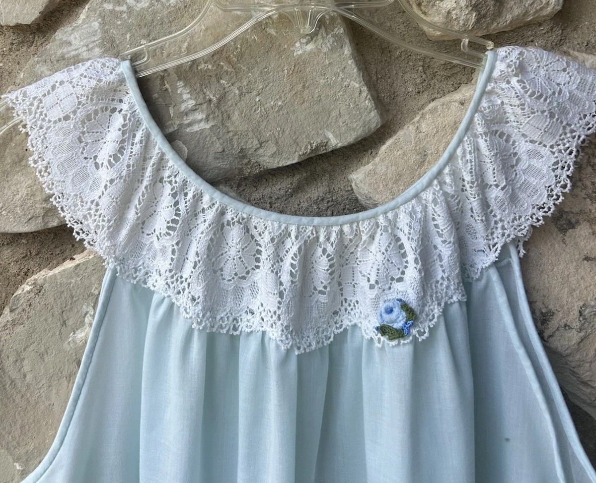 Vintage GILEAD Nightgown Large Blue Lace Trim Pullover Full Length Sleeveless