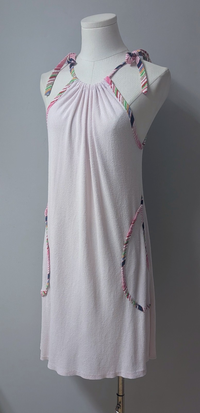 Vintage 70&rsquo;s Pink Terrycloth Coverup Beach Dress Drawstring Stripe Tie Pockets S