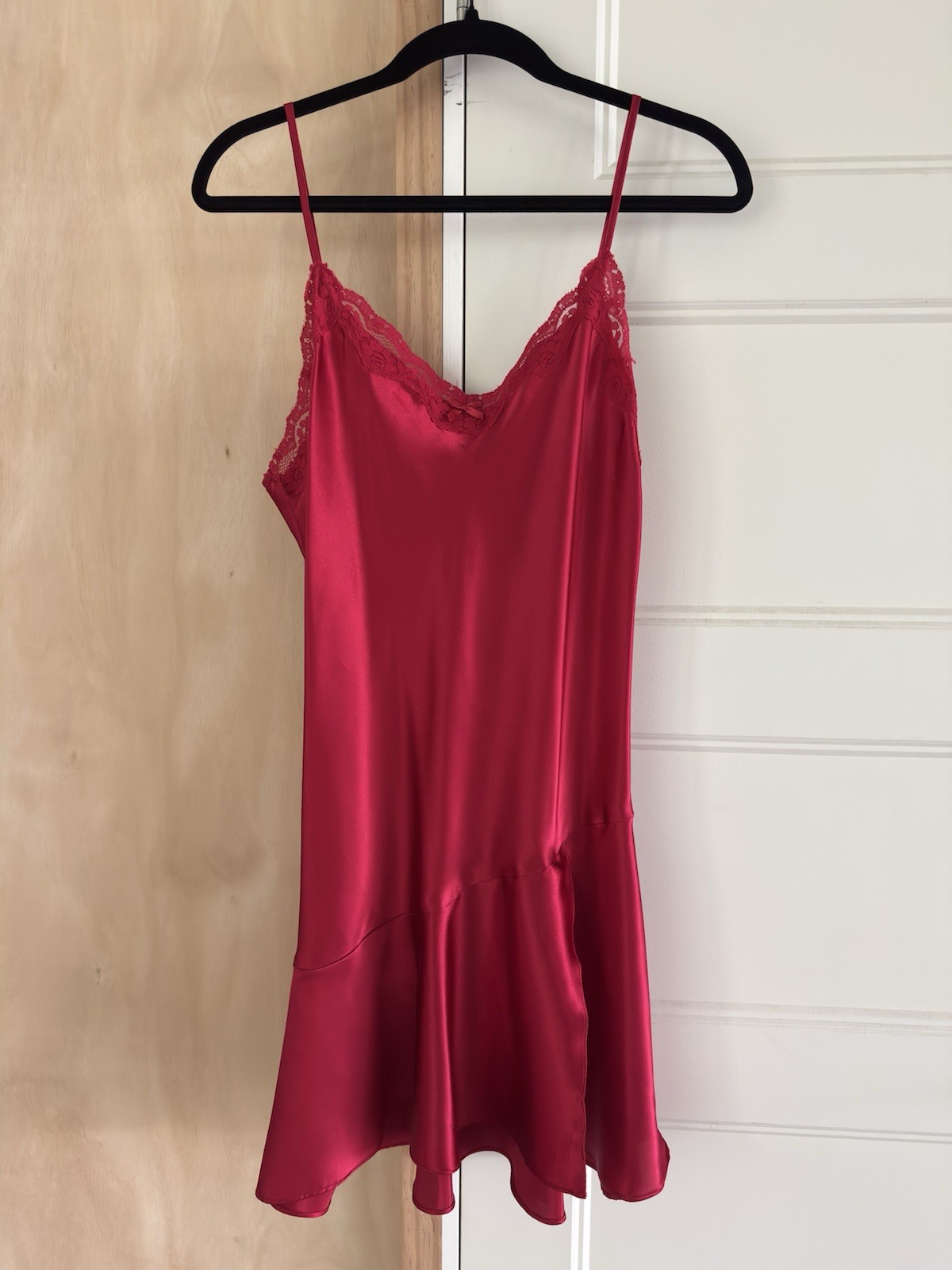 VINTAGE Red Nightgown Satin Slip Dress Lace Neckline Delicates