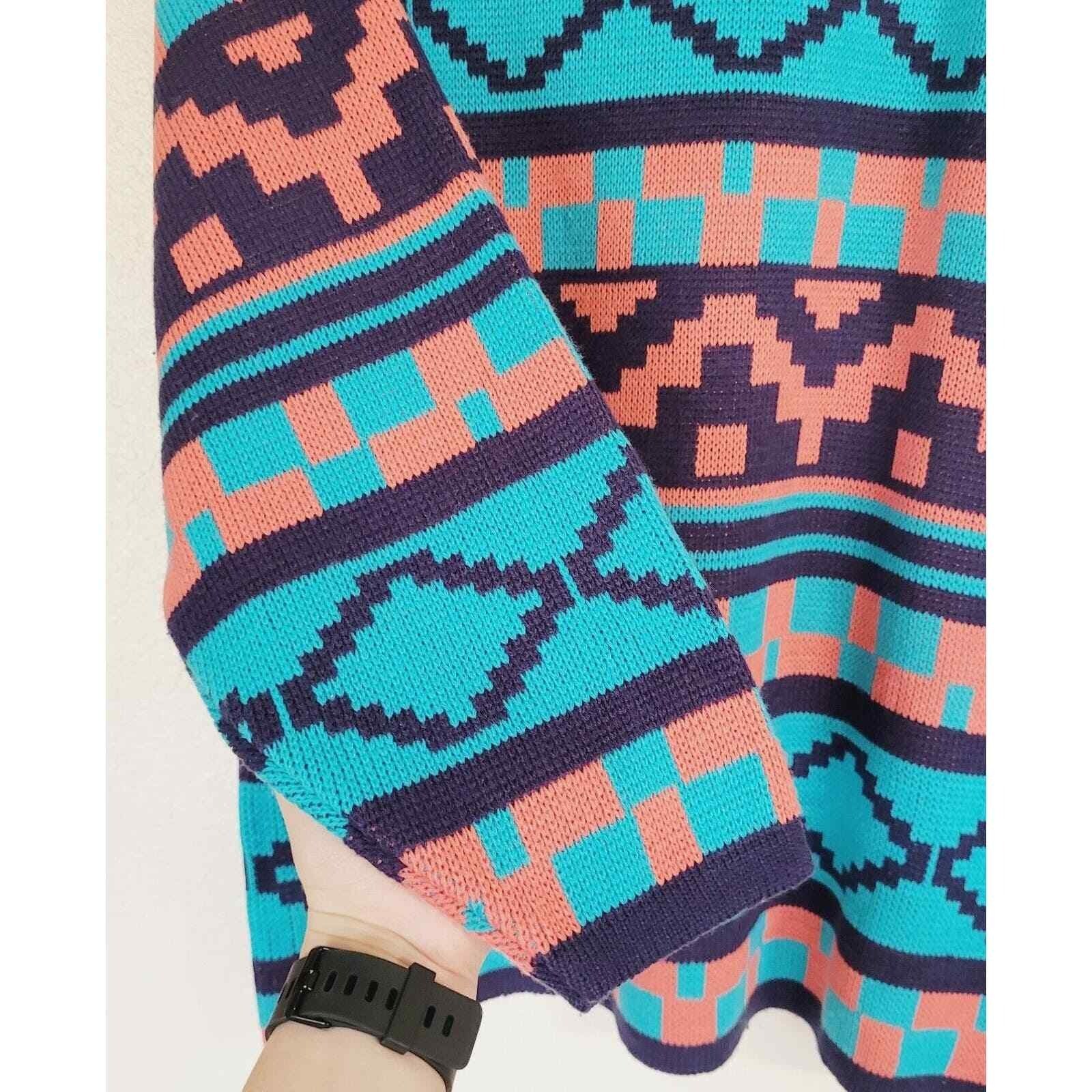 Michael Carrie VTG Retro 80s Eclectic Aztec Knit Oversized Tunic Sweater Sz M