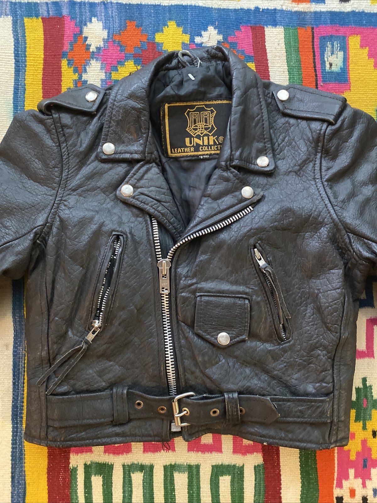 Vintage Jacket Black REAL Leather Motorcycle Womens Sz XS Kids Size Cropped 0 2