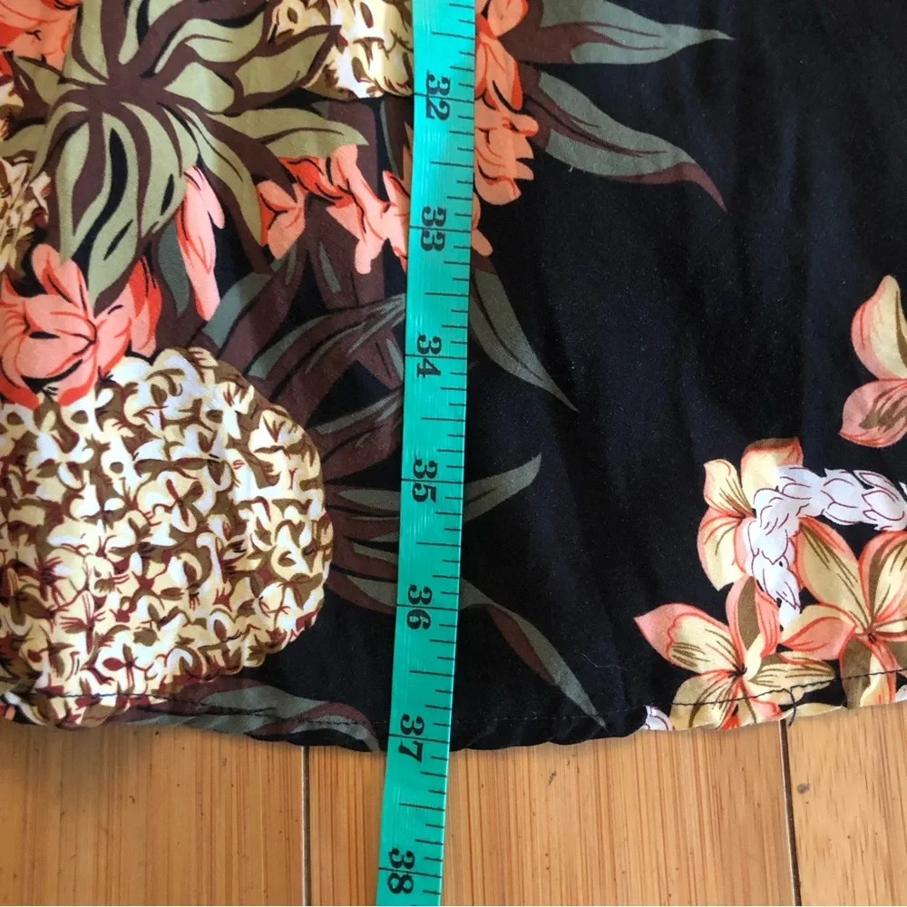 Vintage Hilo Hattie Hawaiian Pineapple Hibiscus Print Sleeveless Black Dress S