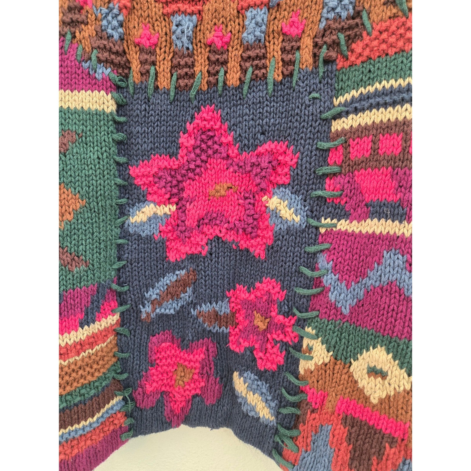 Vintage Knitted by Hand Patchwork Floral Sweater Ramie Cotton Large Boho 90s