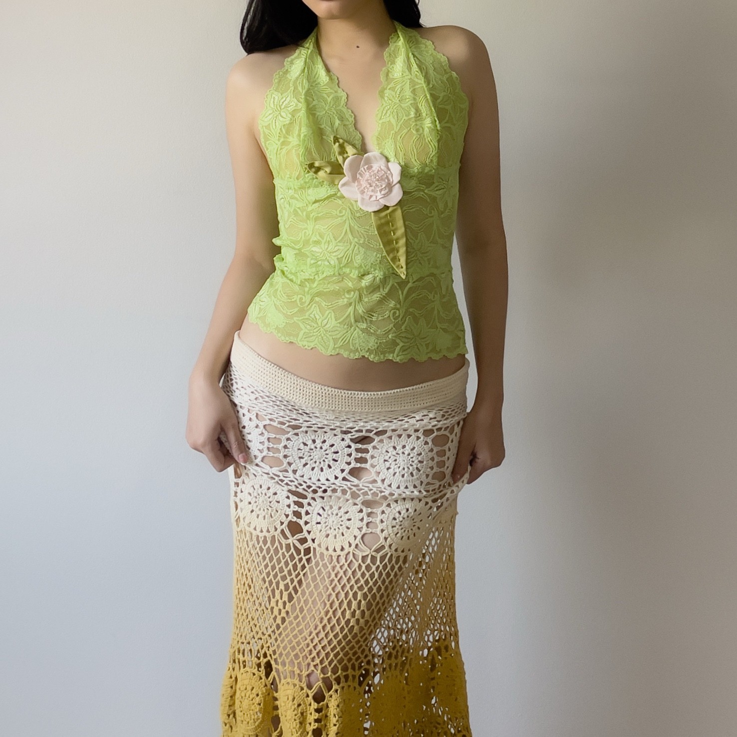 Romantic Frederick’s of Hollywood Y2K Lime Green Lace Sheer Halter Camisole (M)