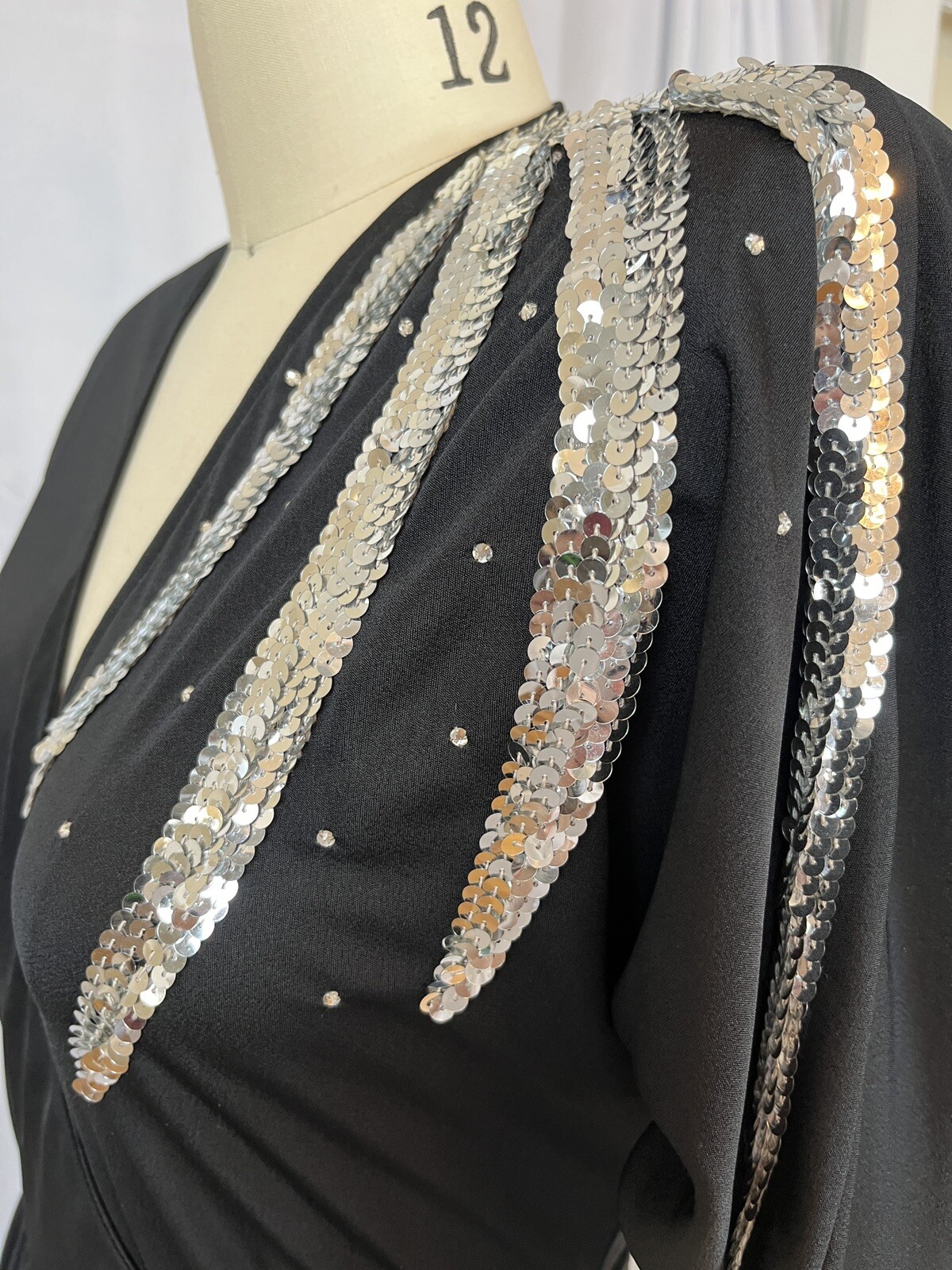 1980&rsquo;s Black Poly Wrap Disco Dress With Sequins and Rhinestones Size 10