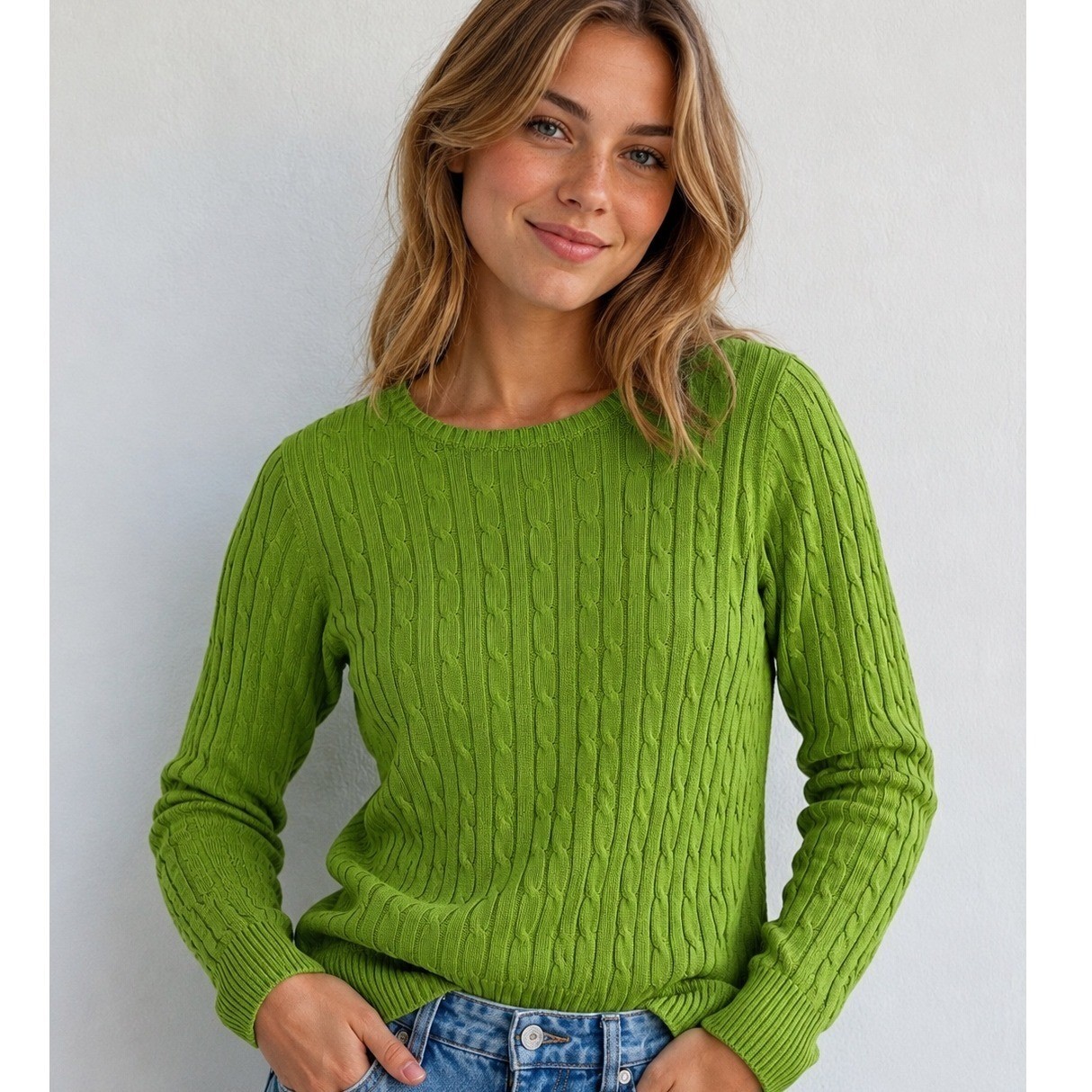 Vintage St. John&rsquo;s Bay Green Cable Knit Crewneck Sweater Cotton Blend Size L