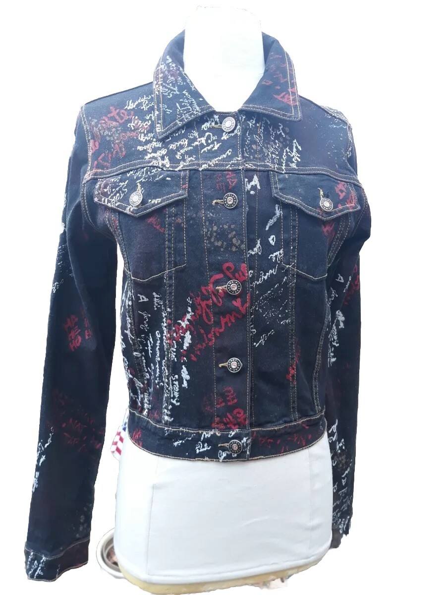 vintage playboy graffiti black cotton spandex jean jacket sz L could fit meds