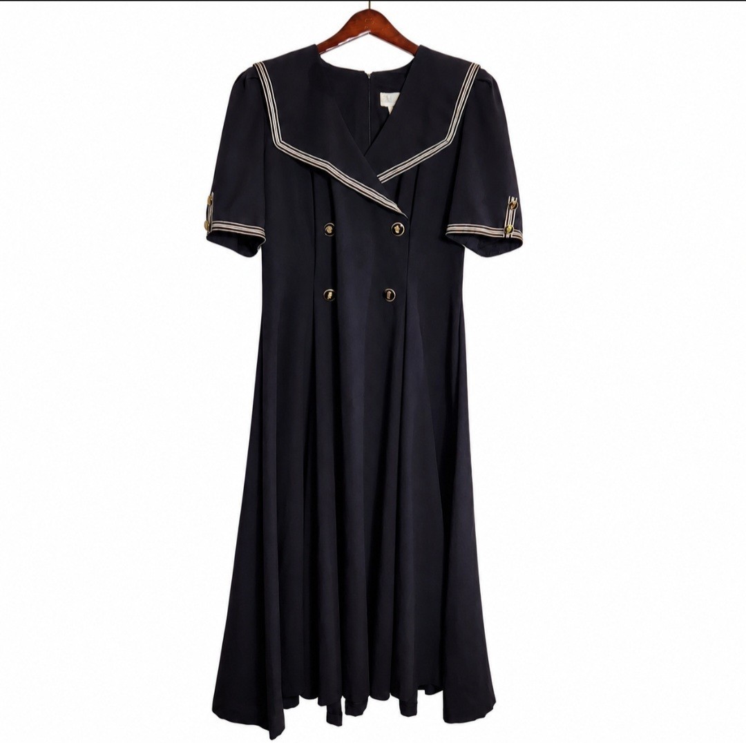 Vintage Leslie Lucks Navy Sailor Dress Womens 16 Nautical Gold Button Midi USA