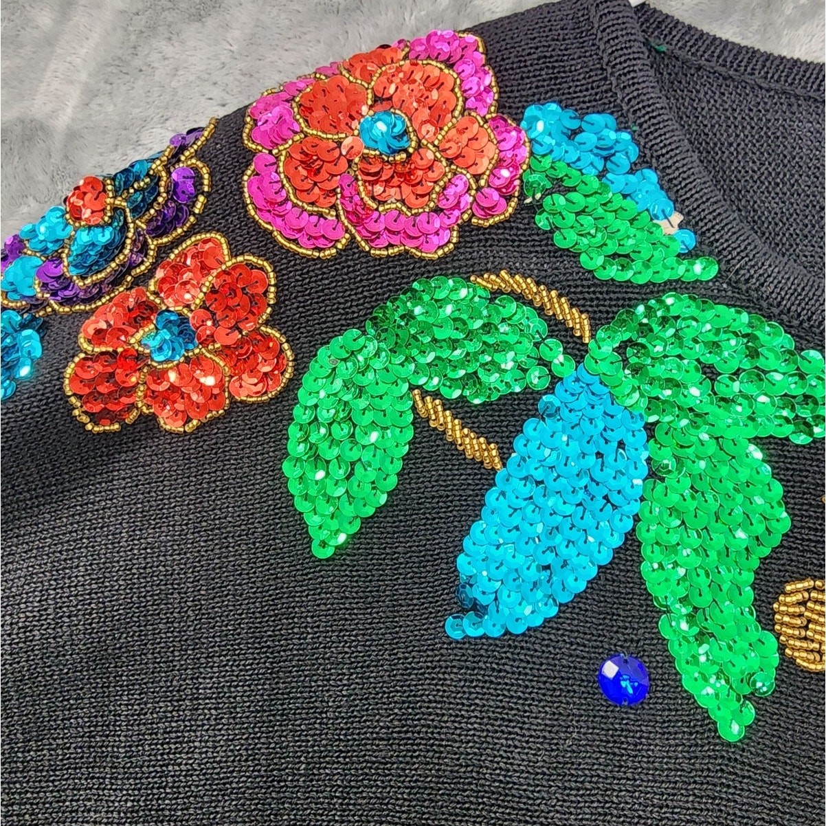 NEW Vintage Fitting Image Sweater Womens 14/16 Black Multicolor Sequin Beaded