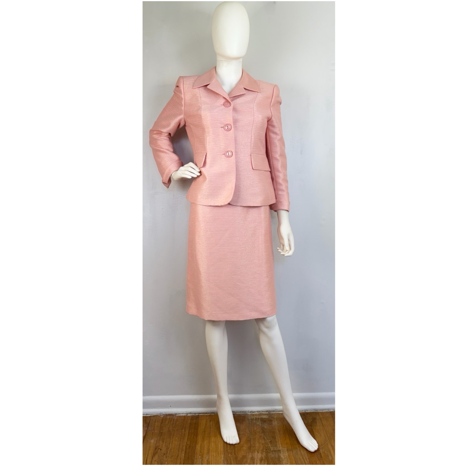 Vintage Women&rsquo;s Skirt Suit Pink White Thread Blazer & Skirt Y2K Size 6 Petite