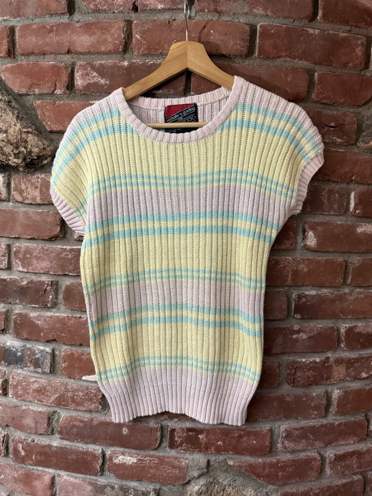 Vintage 80s Striped Knit Short Sleeve Sweater M Michelle E Golding Ramie Cotton