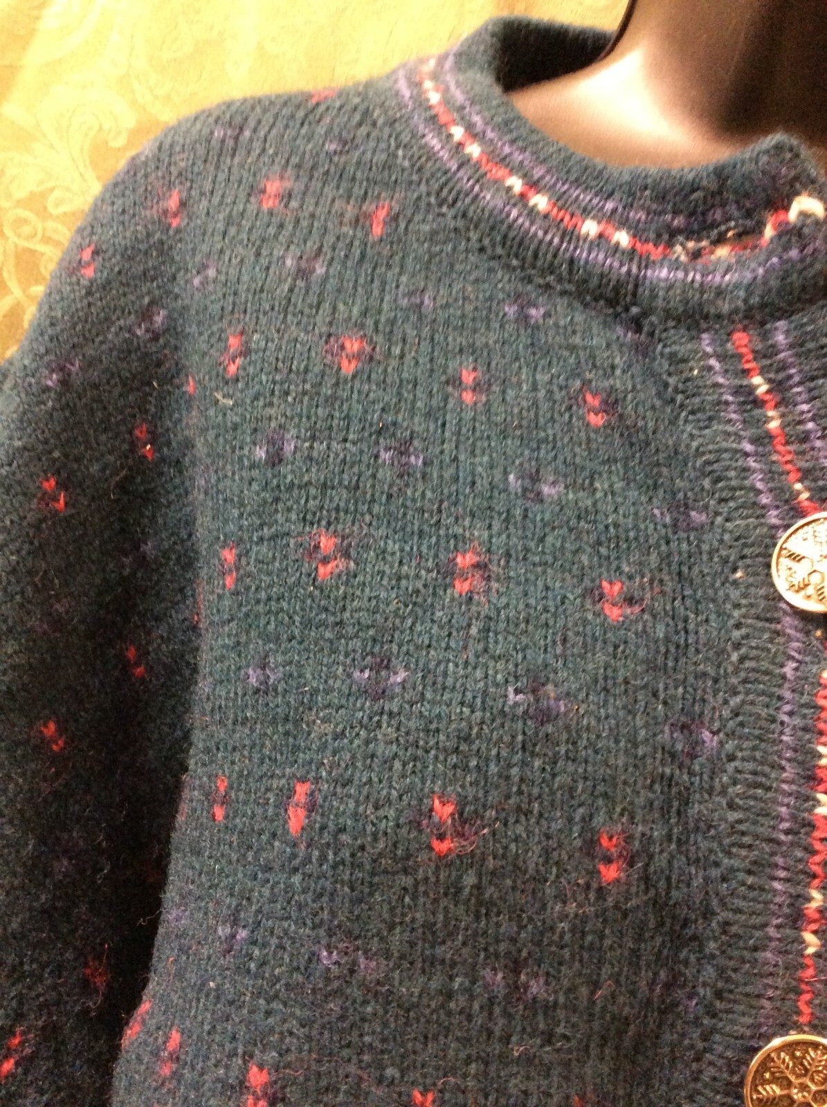 Eddie Bauer Wool Blend Cardigan Sweater M Dark Green Teal Red birdseye vintage