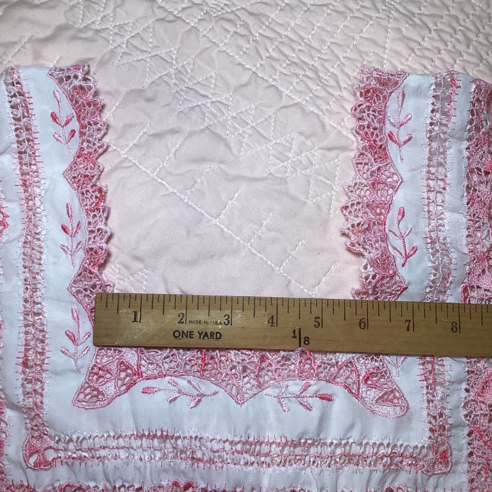 Vintage Mexican Huipil Dress White Pink Lace Floral Embroidery Square Neck 23×40