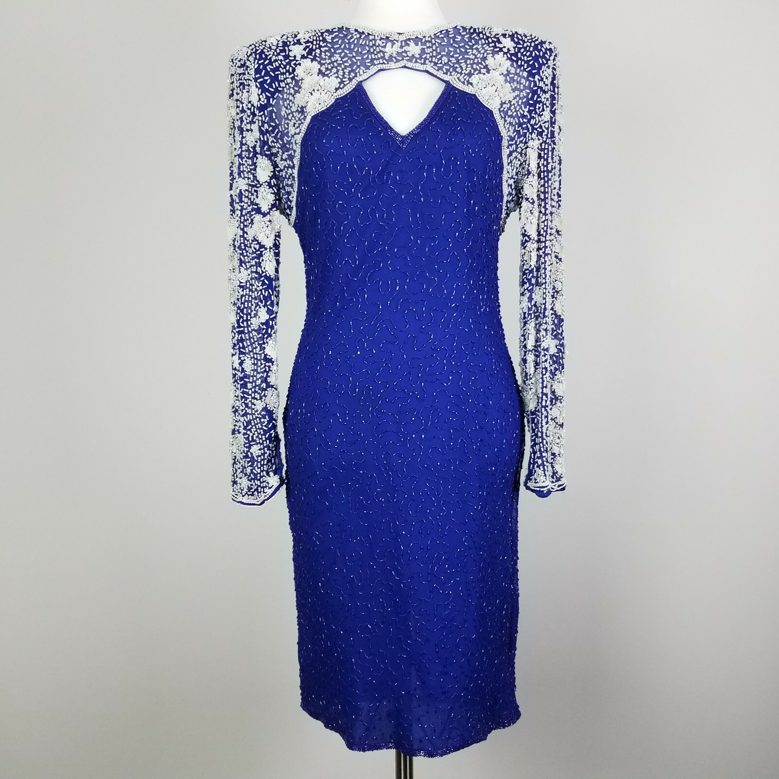 90s Deadstock Illusion Beaded Blue Dress Laurence Kazar Medium Size 6 Size 8