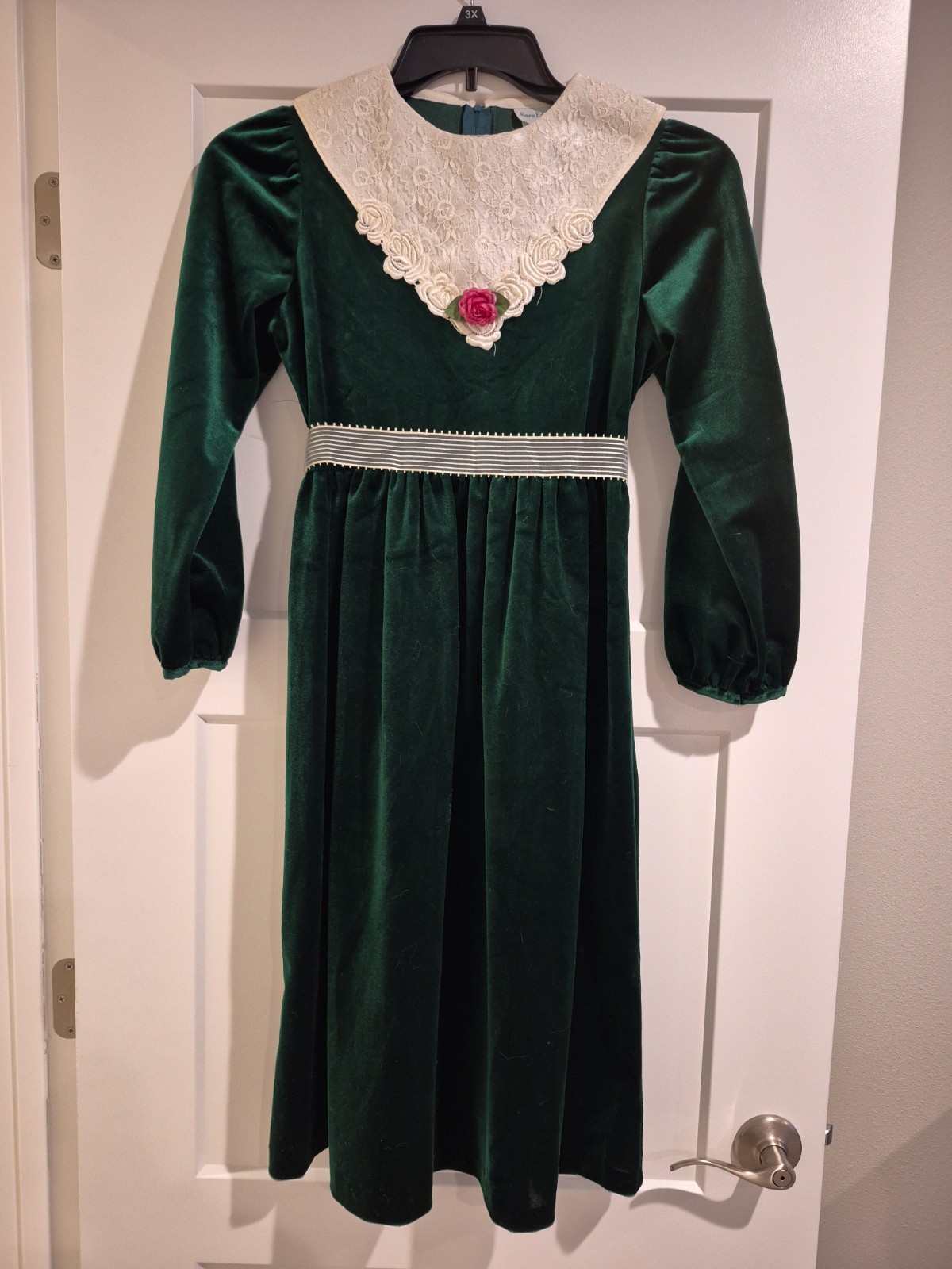Vtg Green Velvet Ivory Lace Collar Long Sleeve Dress Rare Editions Pink Rose