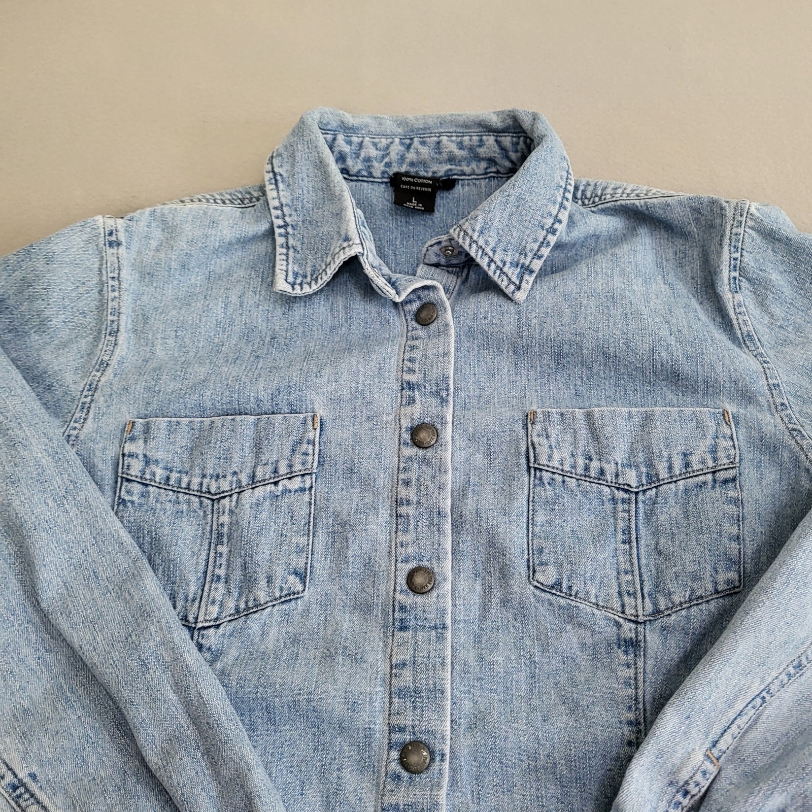 VTG Long Sleeve Snap Front Denim Chambray Shirt Women&rsquo;s L Distressed Hong Kong
