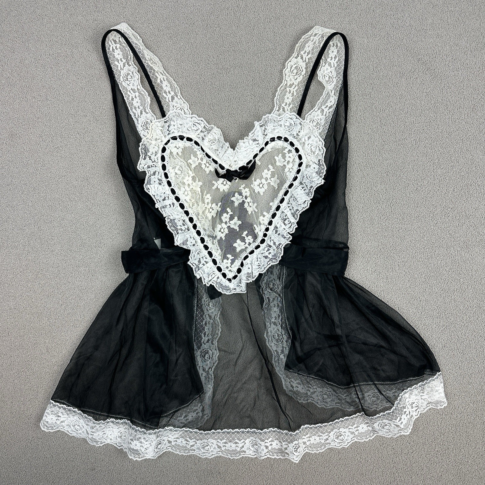 Vintage JCPenney Teddy Nightie Maid Black Ivory Lace Lingerie Top Tie Back Sz XS
