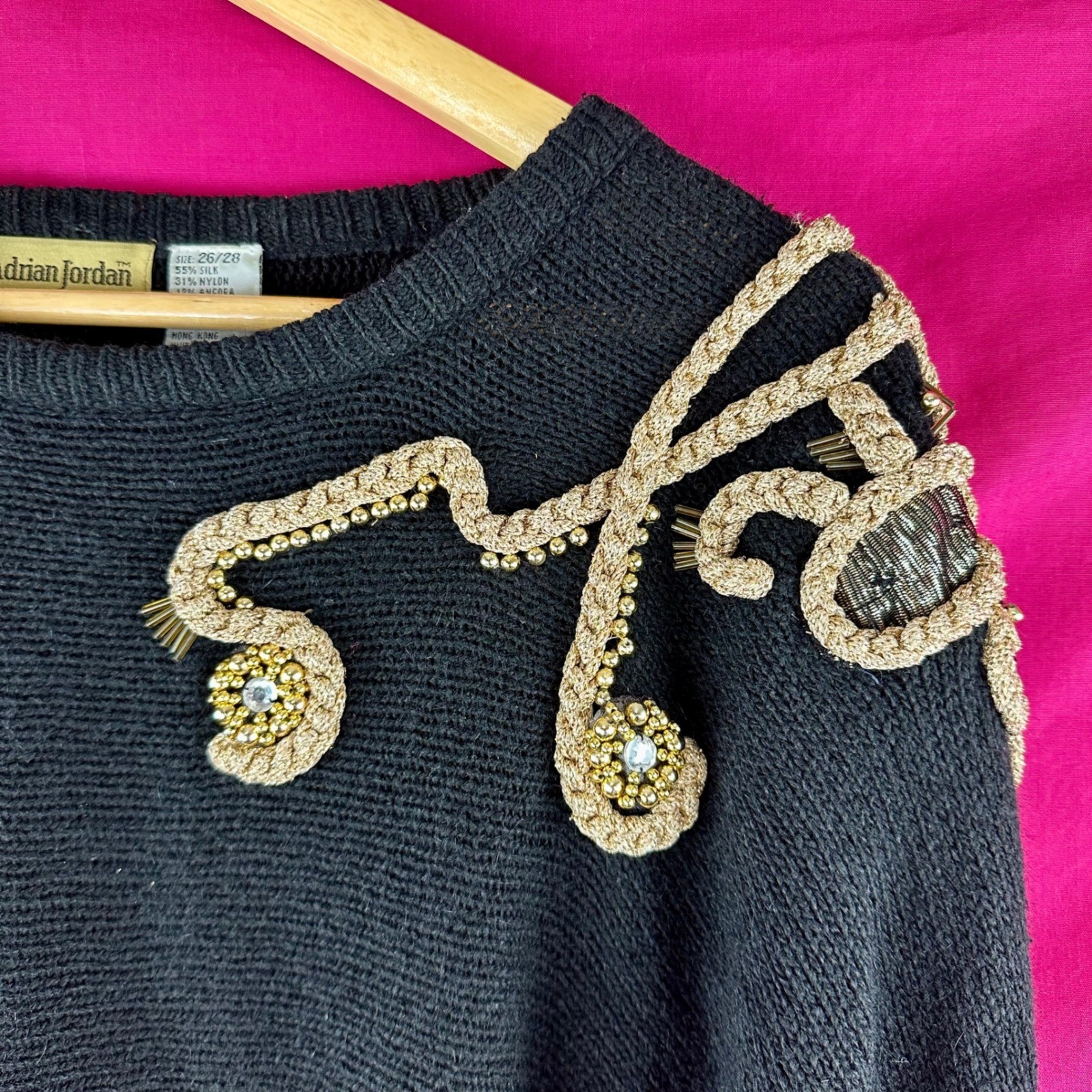 Vintage 80s Beaded Rhinestone Sweater Black Gold Angora Silk Wool NYE Plus 26/28