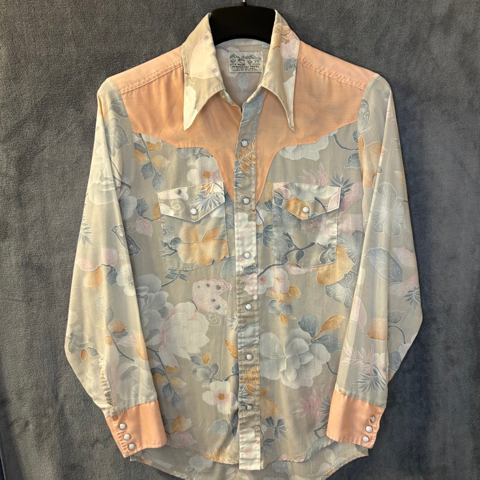 Vintage 70s Triple LLL Womens M Floral Western Pearl Snap Peach Grey Butterfly