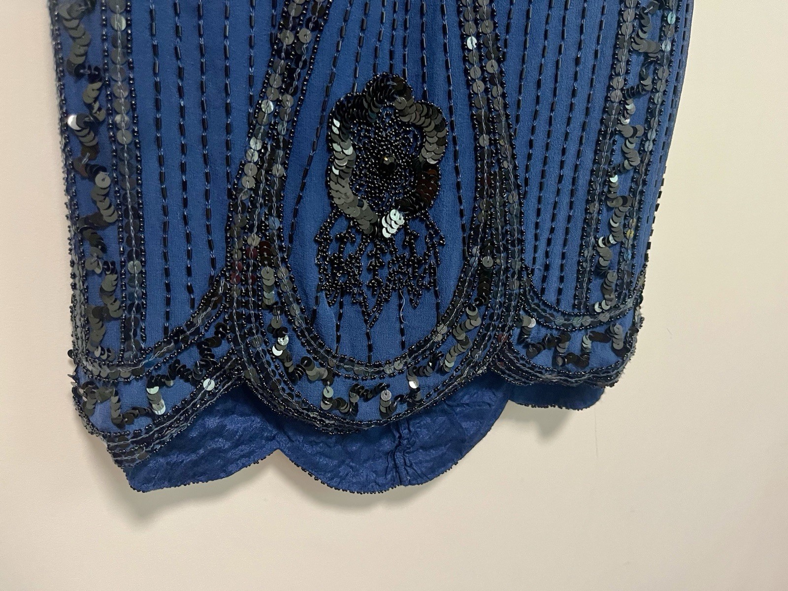 Vintage 1920s Style Silk Flapper Dress Beaded Sequin Gatsby Party Blue XS UK 8