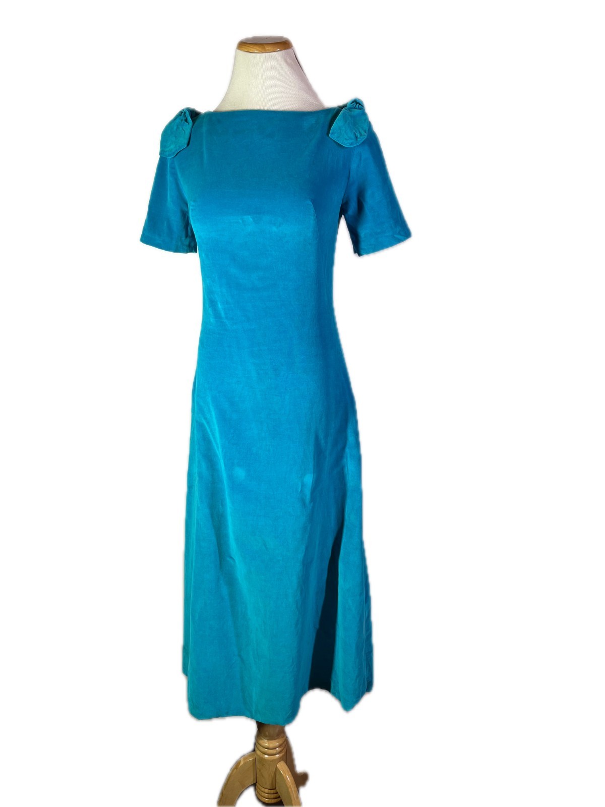 Vintage 1960s Velvet Dress Short Sleeve Bows Blue-Green