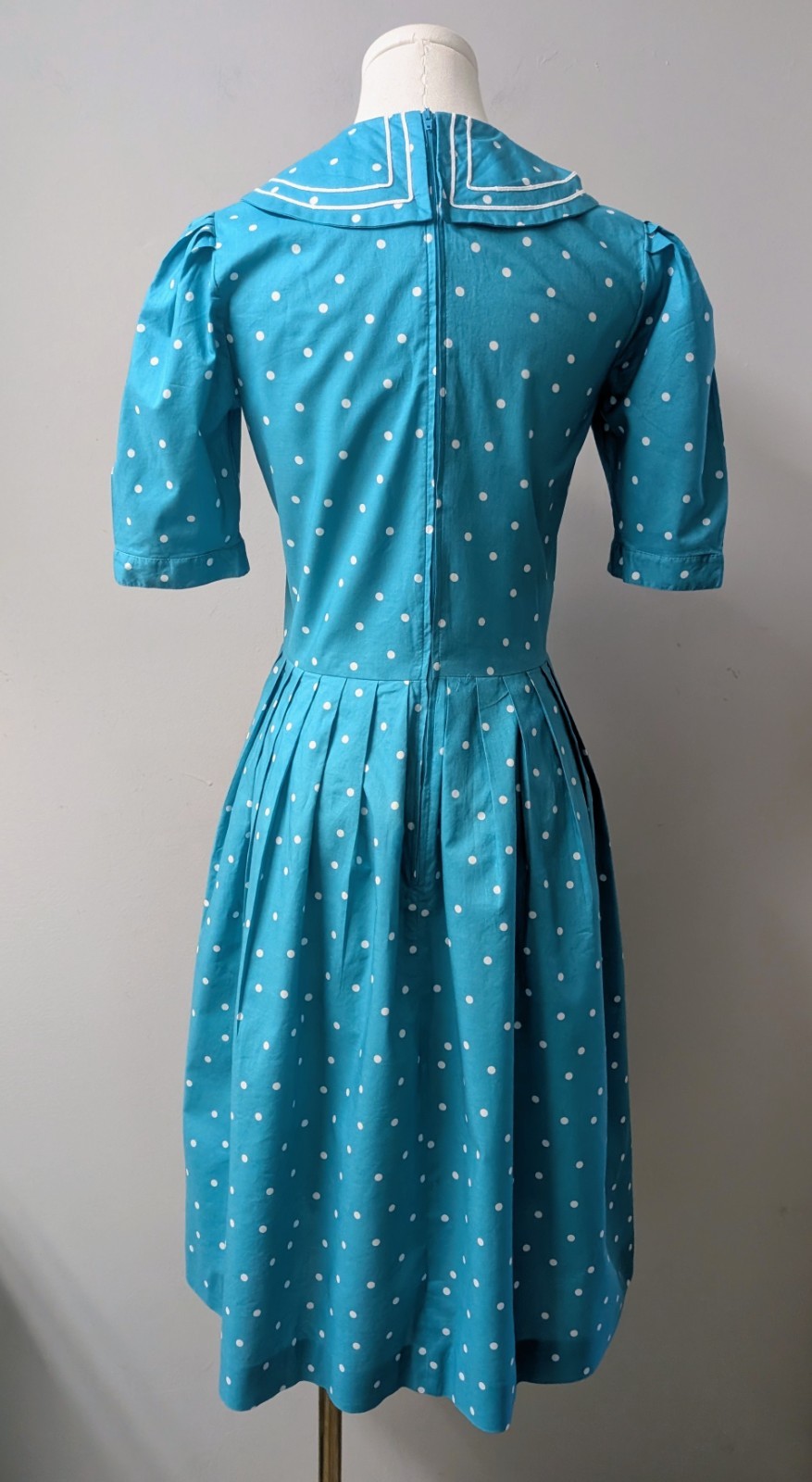 Vintage 80&rsquo;s Laura Ashley Aqua Sailor White Polka Dot Dress Pockets GB US 6 S