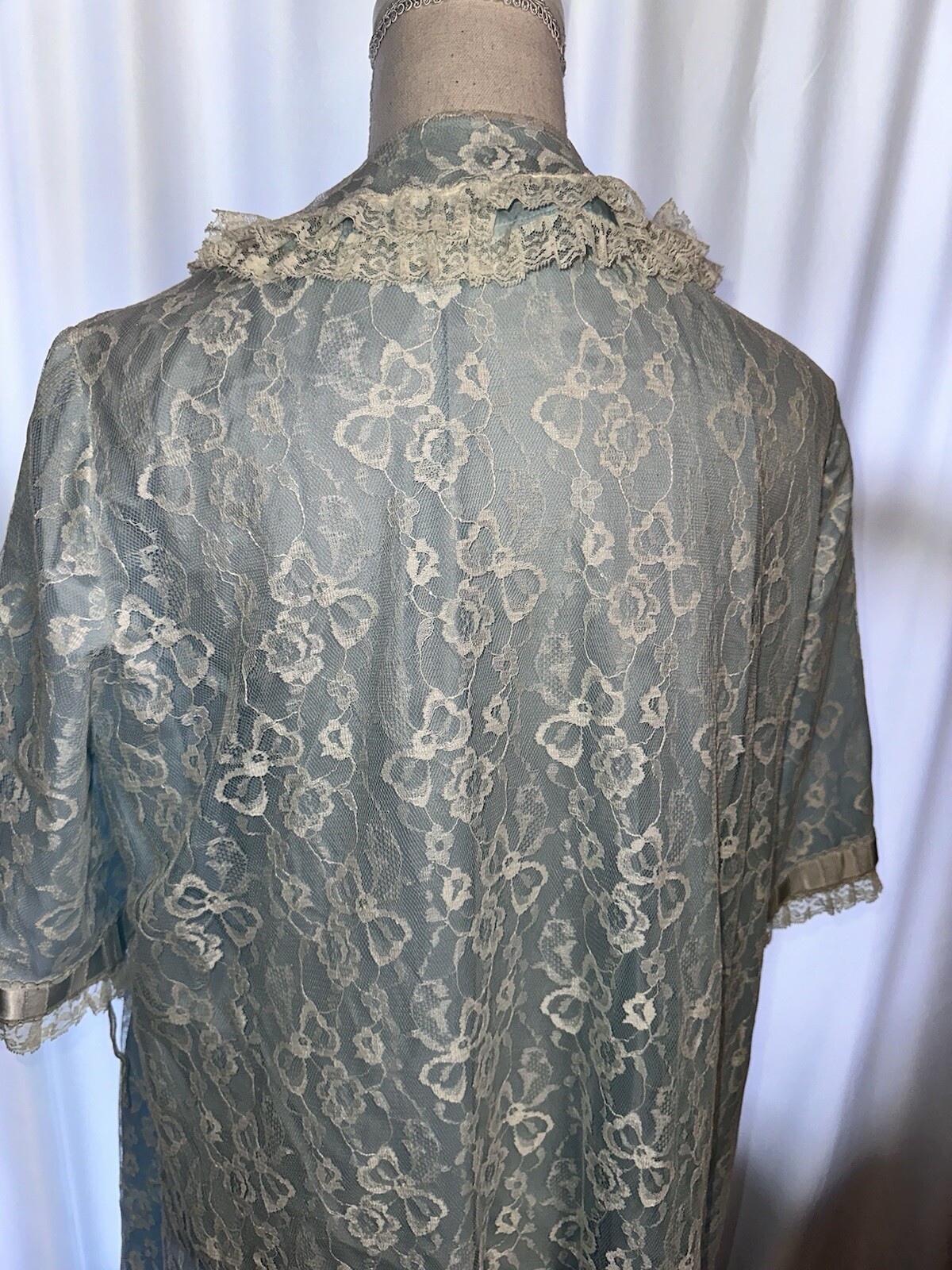 Vintage Odette Barsa Robe Size M Light Blue Lace Dressing Gown 1960s Long