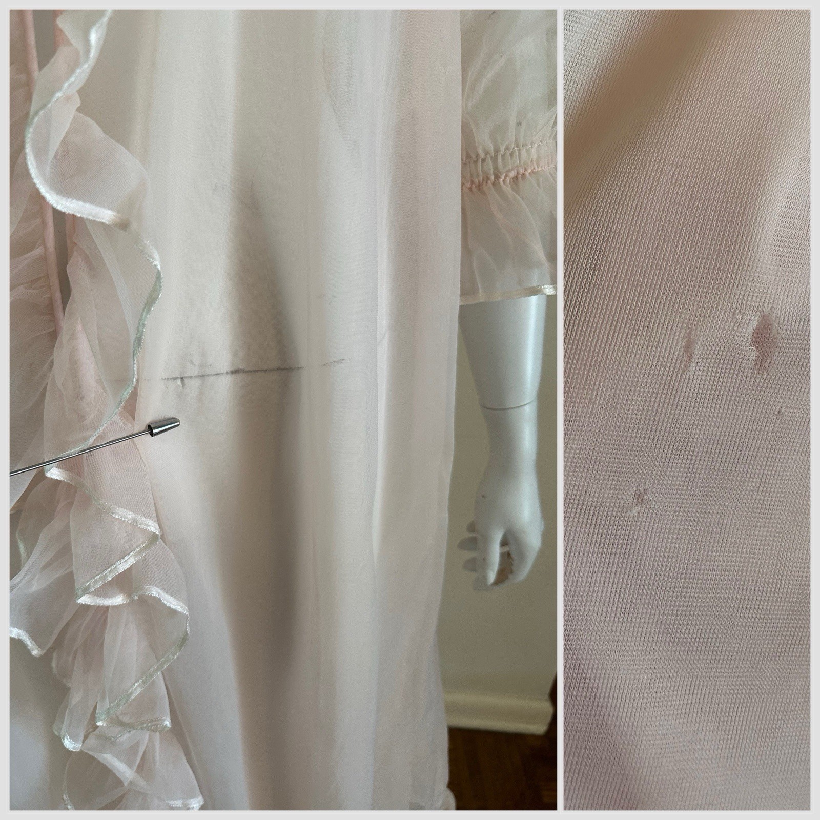 1960s Miss Elaine Pink Sheer Nylon Peignoir Robe Ruffle Front Double Layer VTG