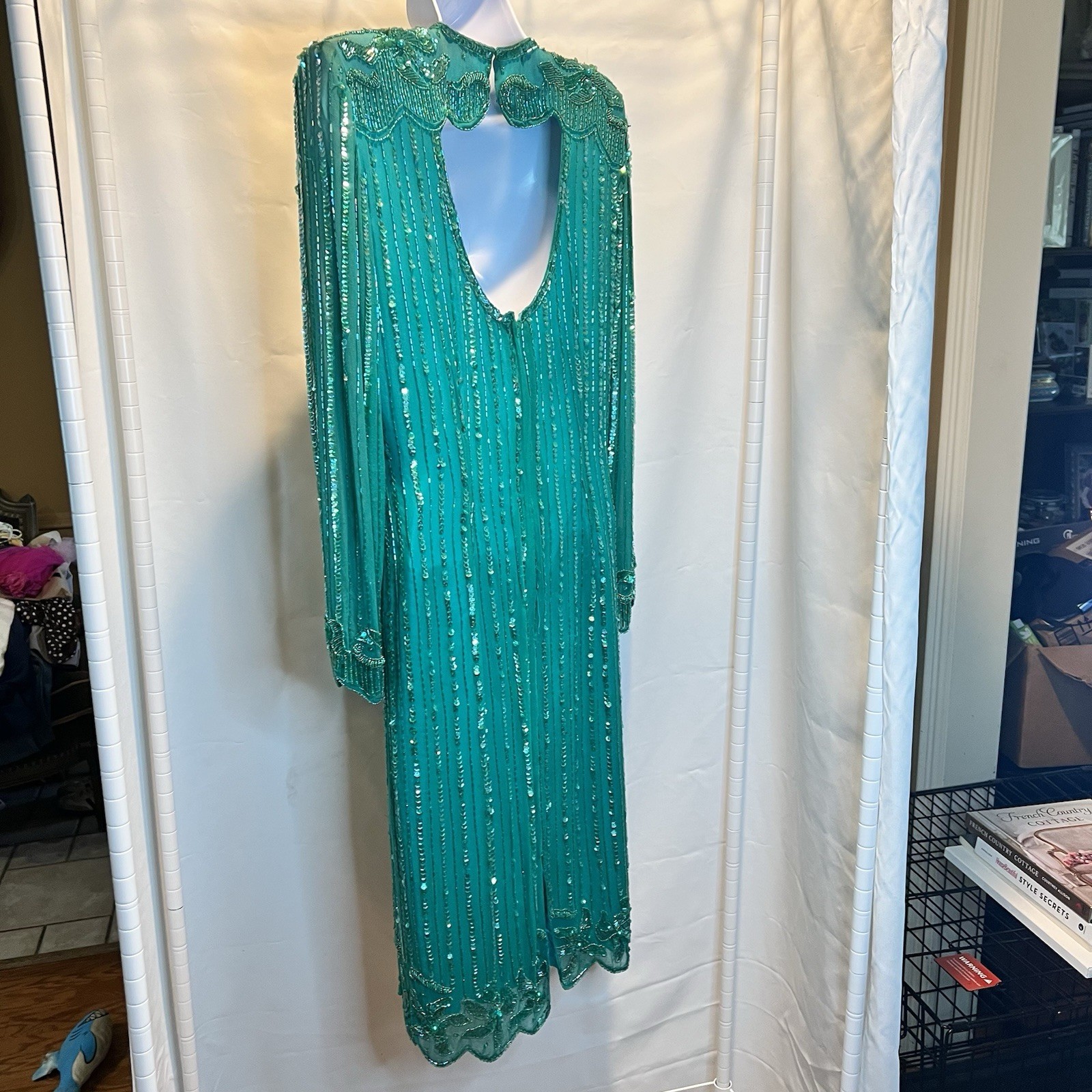 Vintge NADINE Boutique Medium Silk Hand Beaded Embellished Cocktail Dress Green