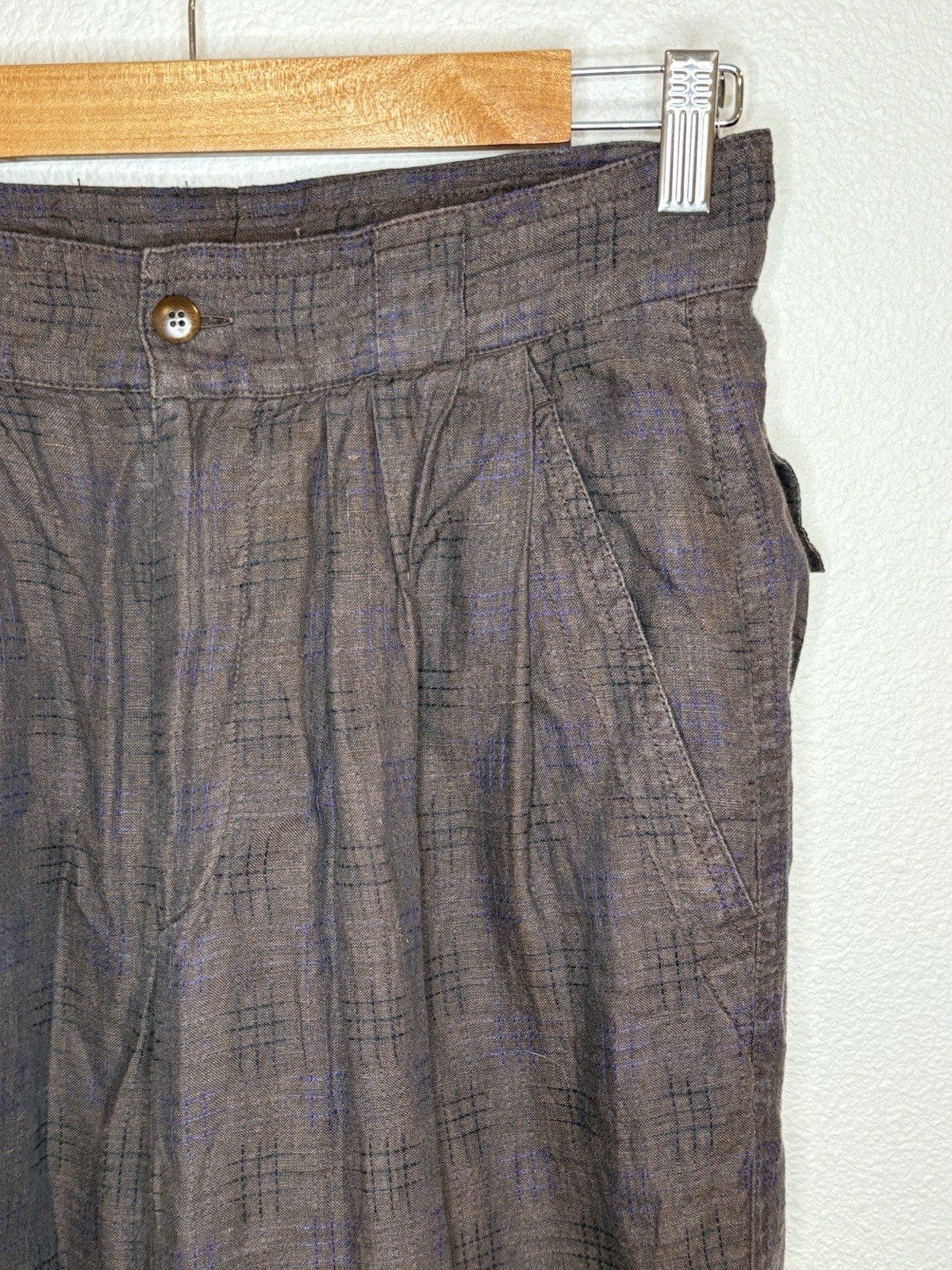 Vintage Gianni Versace Brown Blue Windowpane Pants Italy 25 High Rise Pleated