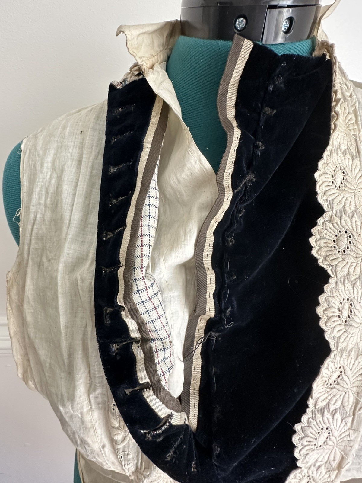 Antique Edwardian Victorian Under Bodice Dickie Lace Vest Black Velvet Pearl