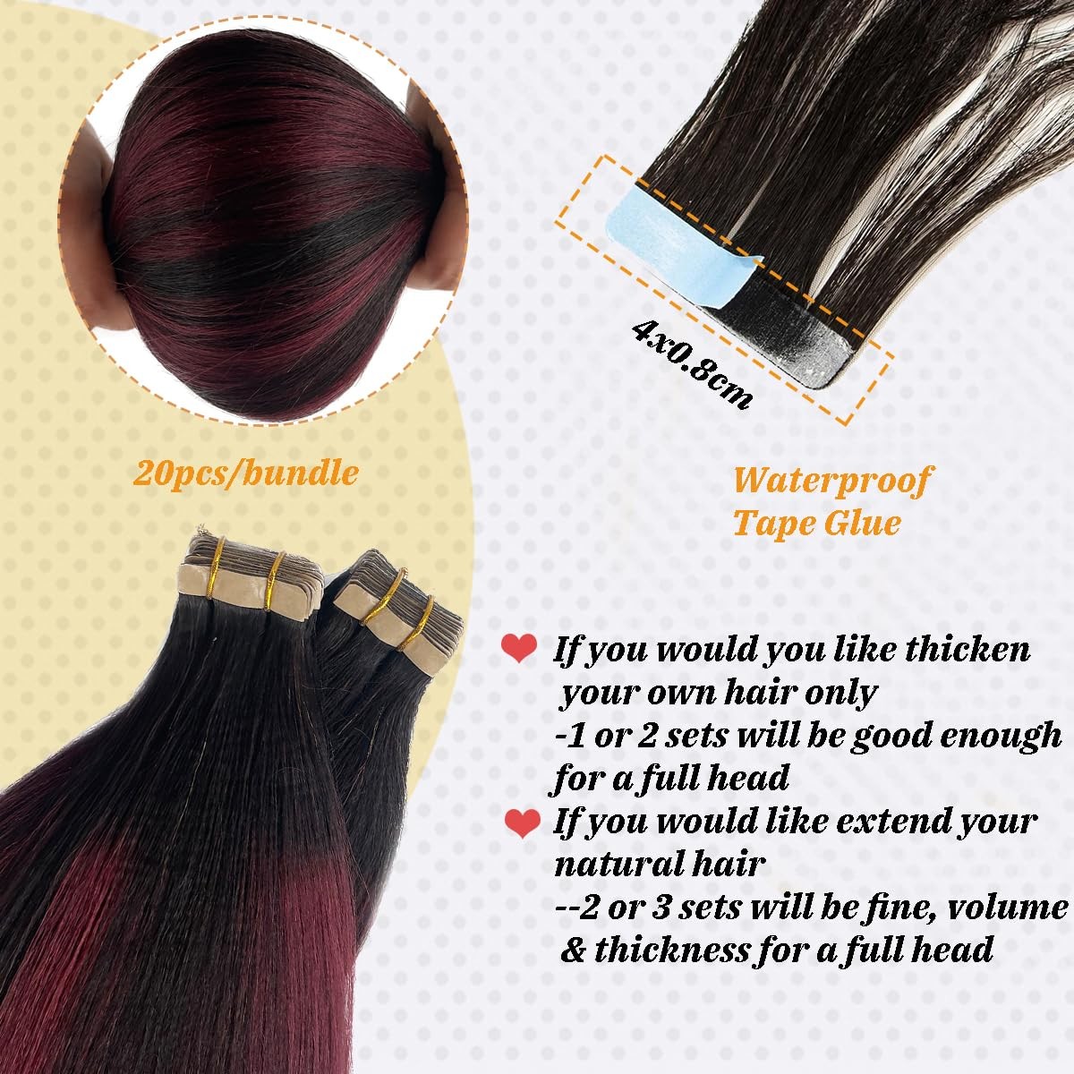 Human Hair Tape-in Extensions Black Remy Yaki Straight Seamless Balayage