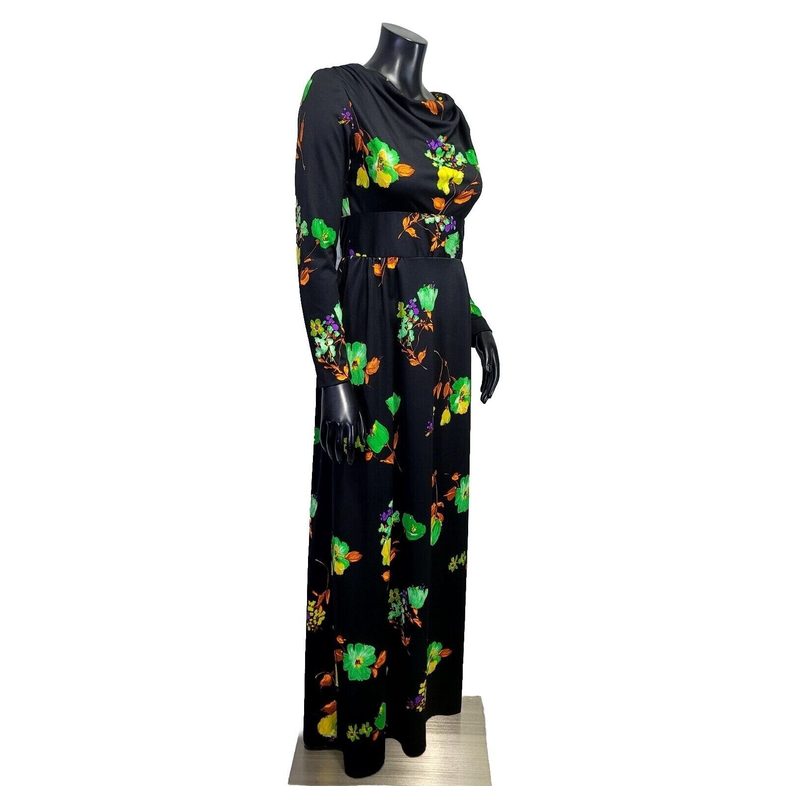 Vintage 70s Black Floral Maxi Dress S Cowl Neck Long Sleeve Mod Boho Glam