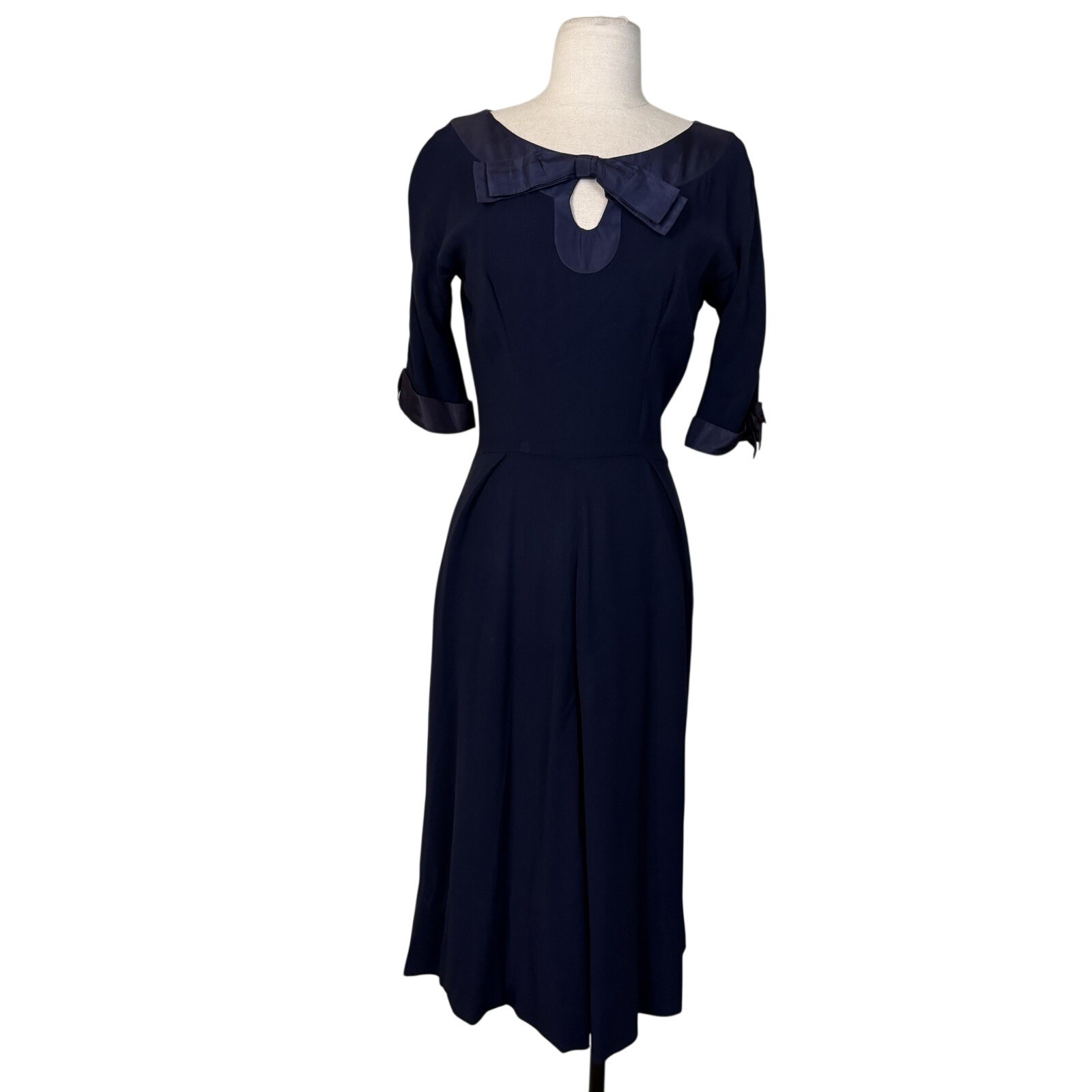 Vintage 1950s Henri Bendel Navy Blue Swing Dress Sz S/M Pin Up Classy Feminine