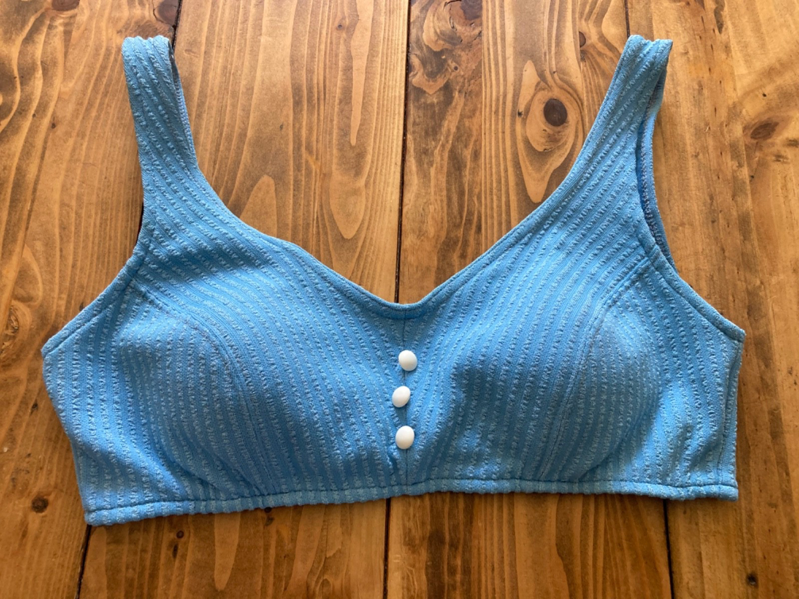 Vintage Sz 14 1960-70s Sky Blue Two Piece Bikini Set Knit Seersucker Stripe Mod