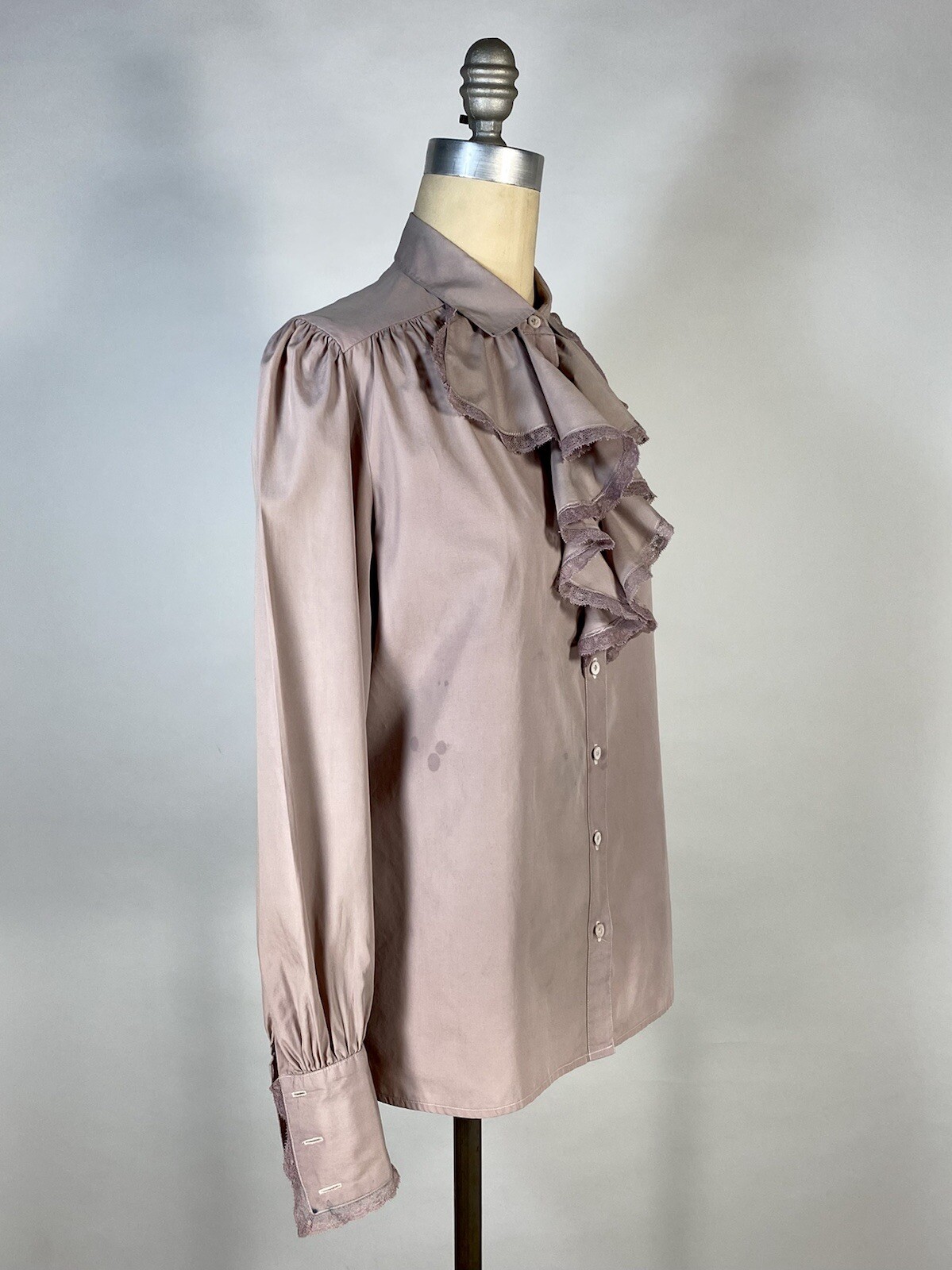 Vintage 1980&rsquo;s REGENCY style distressed over-dyed Lilac purple ruffle blouse Med