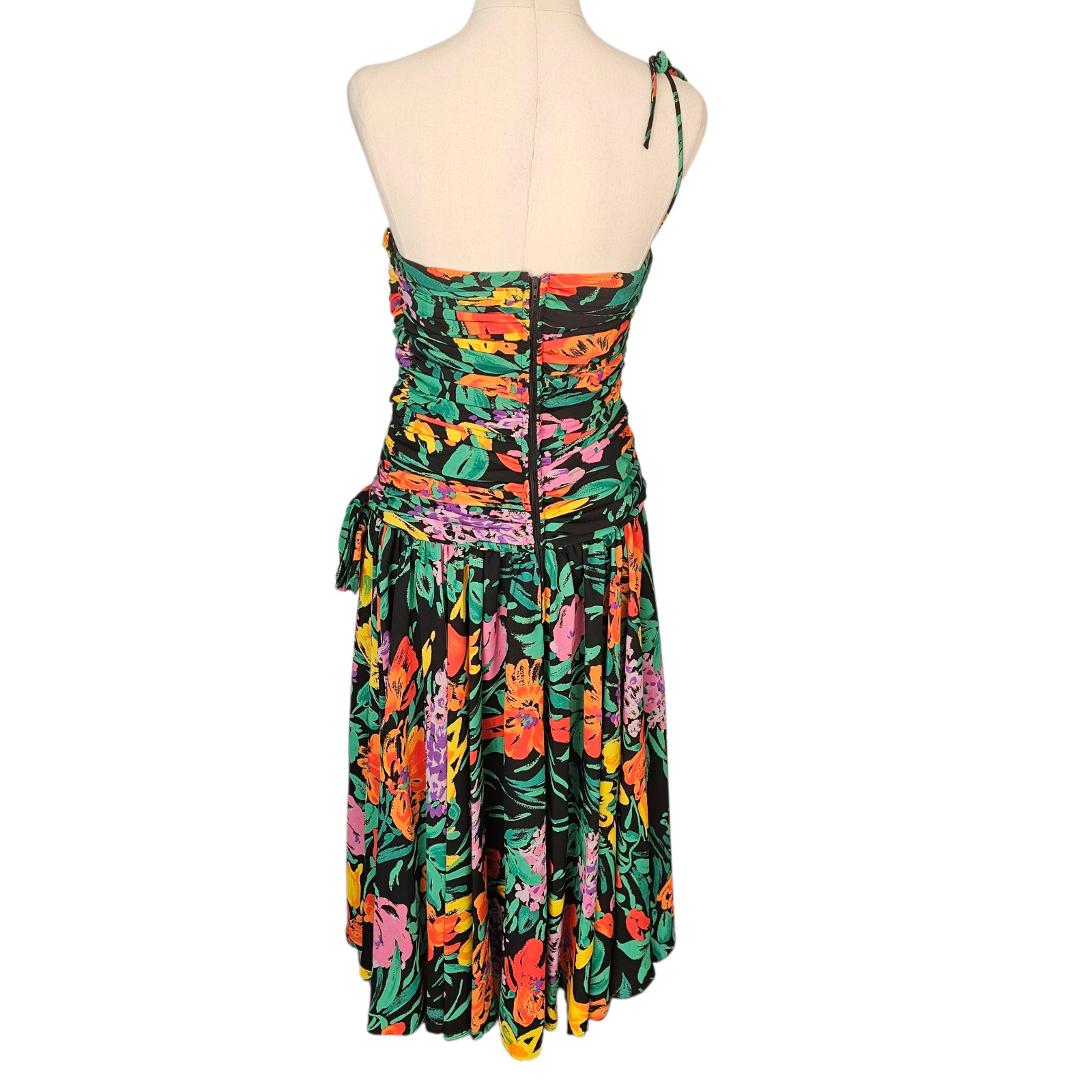 Masquerade 1980s Ruched Drop Waist Prom Party Dress Tropical Floral Size XS READ