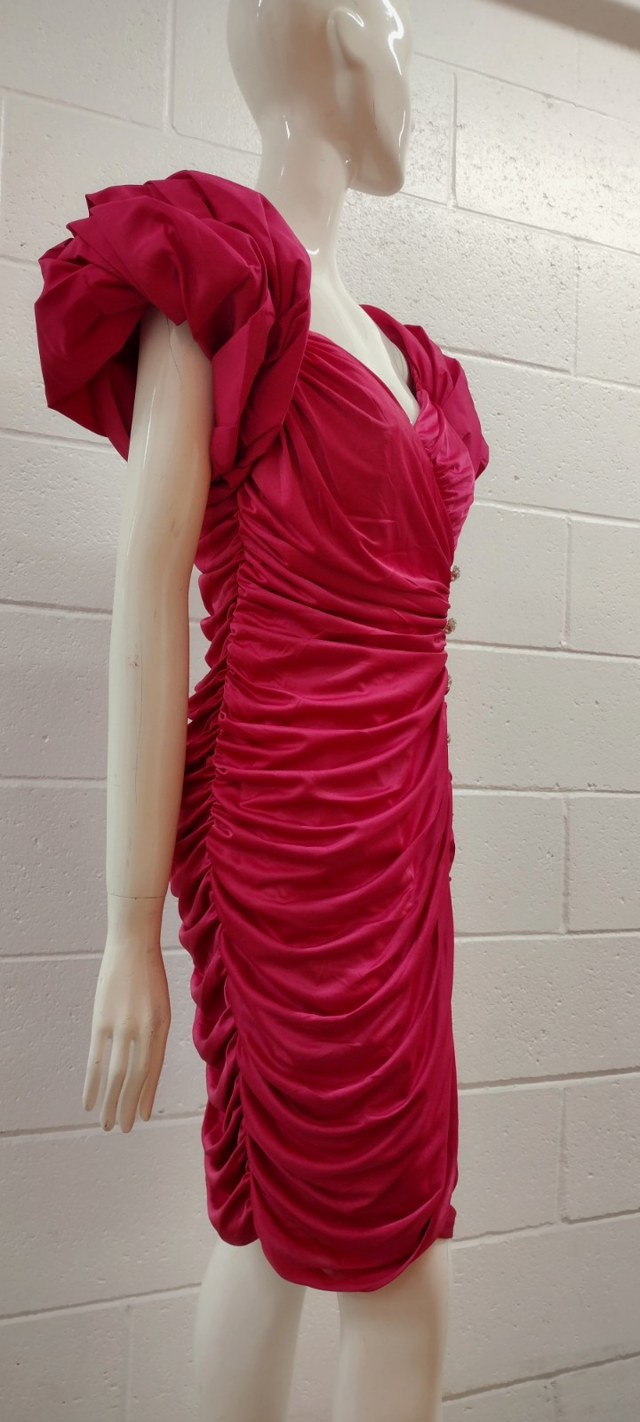 1980s Couture Dress Pink Fuchsia Balloon Sleeve Rhinestone Buttons SAMIR 80s M