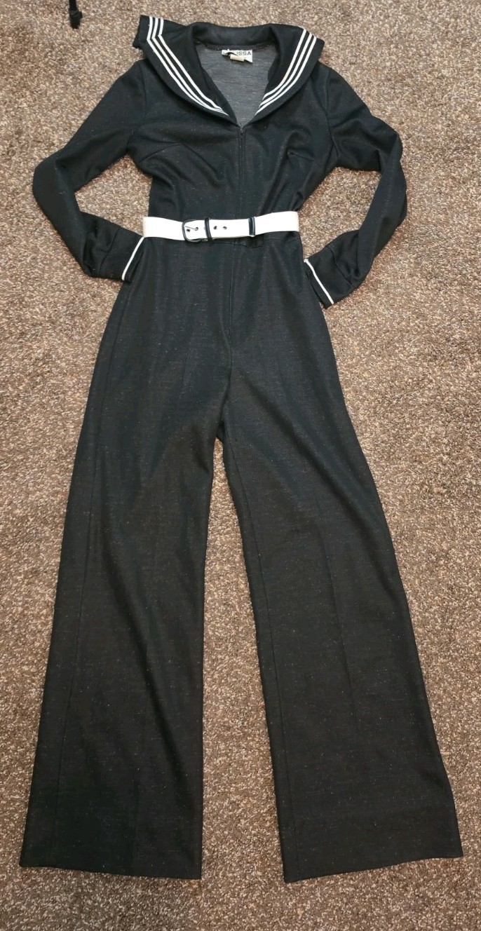 Vintage 70s Melissa Lane Sailor Jumpsuit Zip Up Polyester Stretchy Costume Retro
