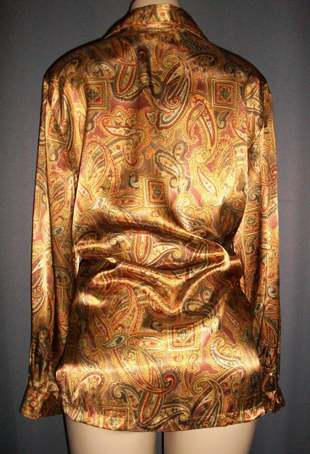 Vtg Gold Copper Paisley Print Satin Blouse Shirt Top L Bust 38 40