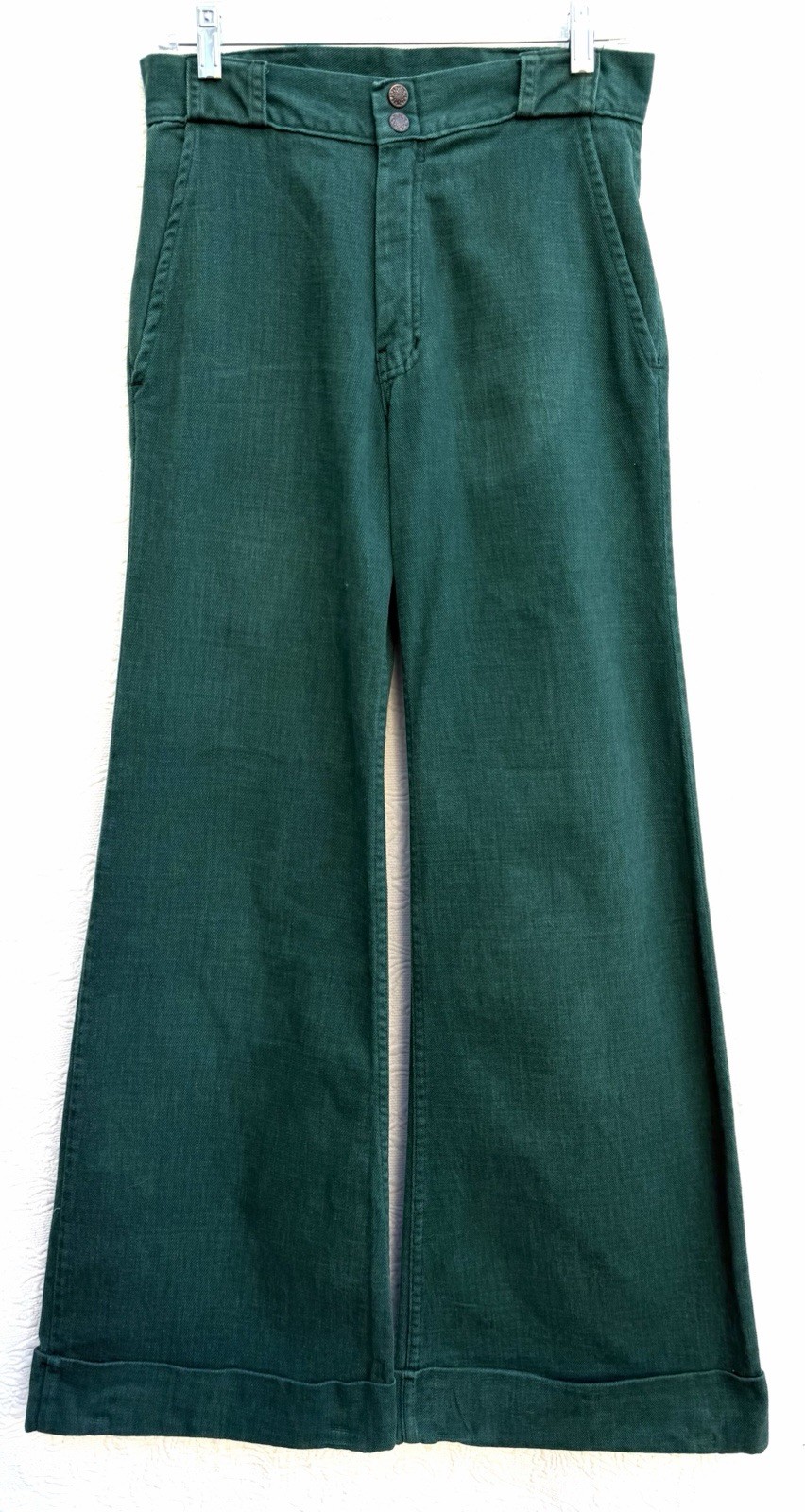 Vintage c1974 Forest Green Flared Pants Jeans Brushed Twill EUC 28” x 43.75”